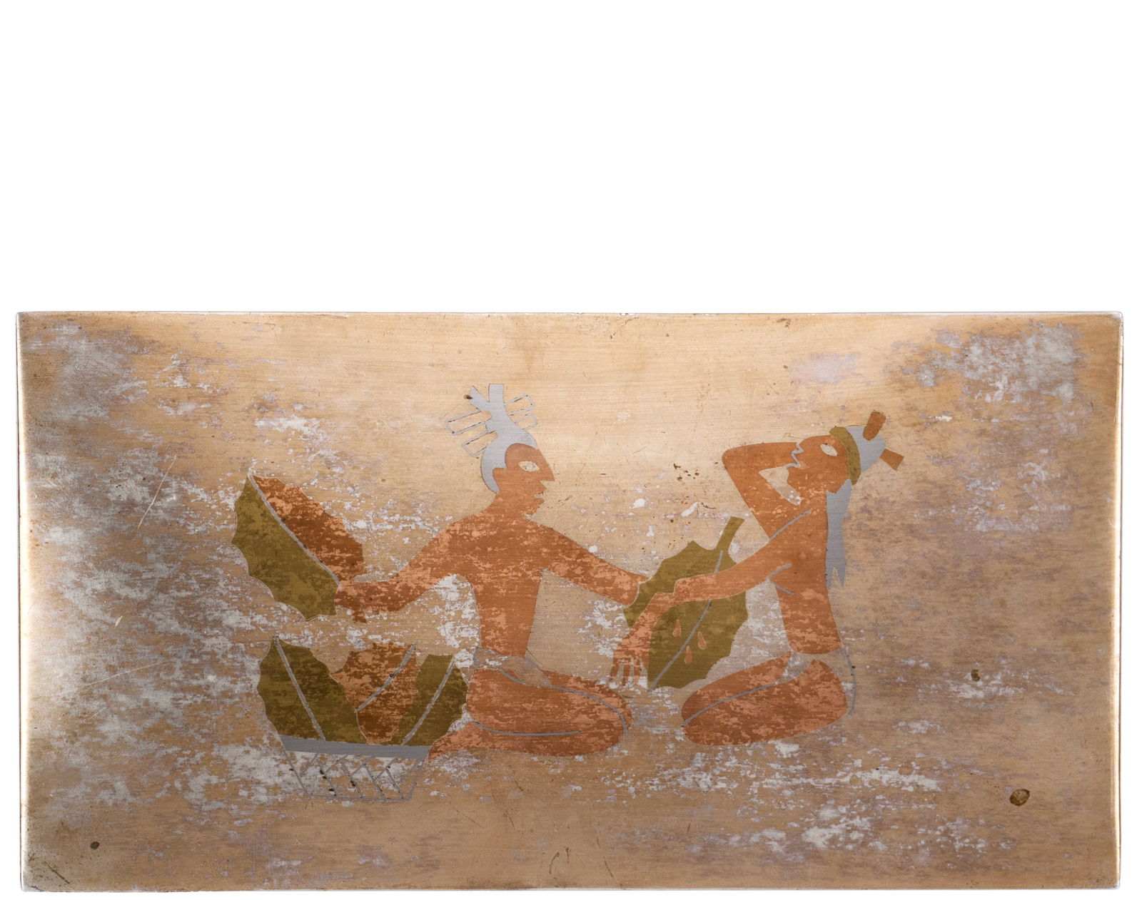 Boite: Boite Description (FR): Rectangulaire avec des pieds a gradins et des cOtes en mosaïque de pierre dure, probablement de la malachite, le couvercle incruste de figures azteques en cuivre et en laiton,