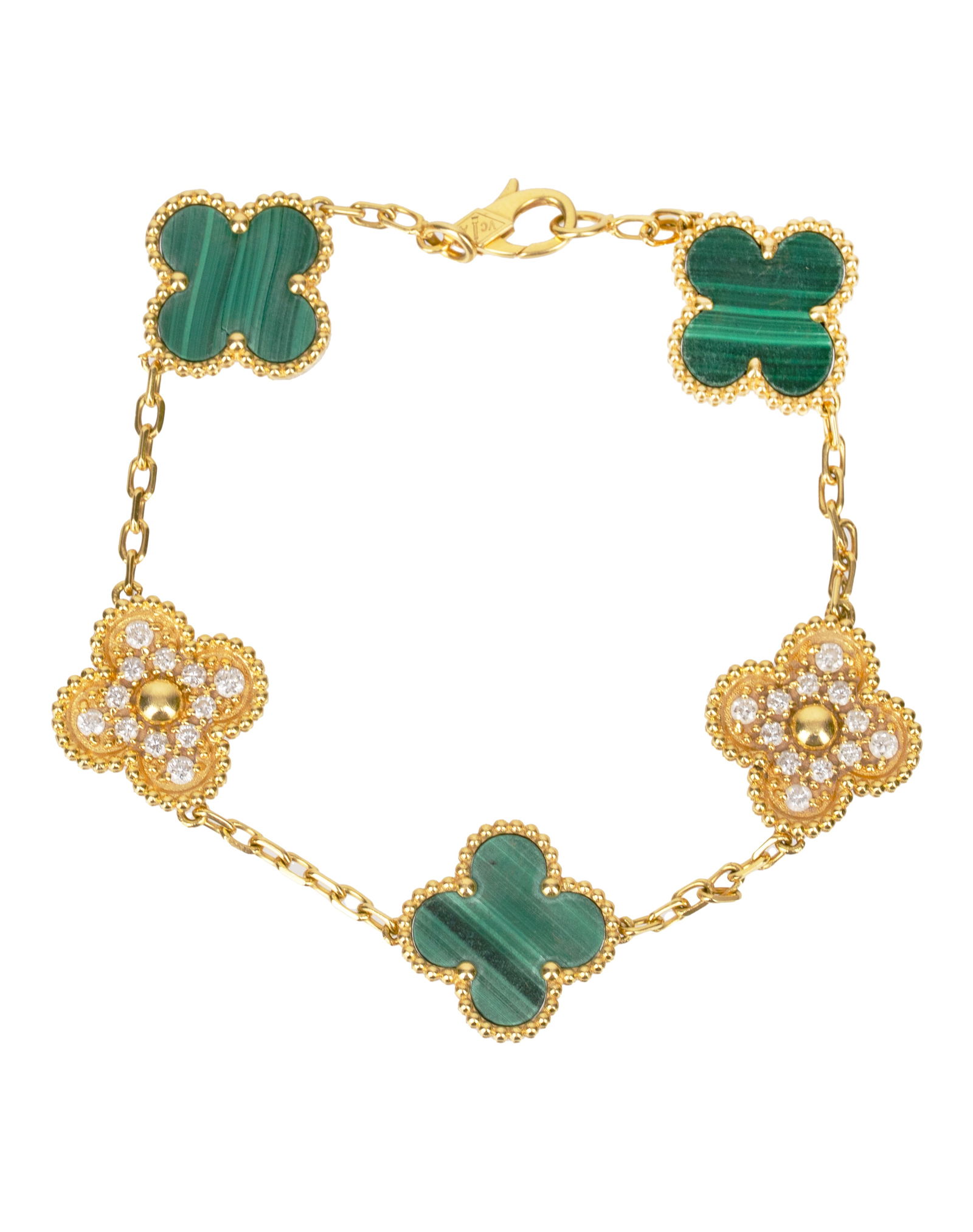 Van Cleef and Arpels - 18-carat yellow gold bracelet with diamonds: Van Cleef and Arpels 18-carat yellow gold bracelet with diamonds Description (FR): en malachite verte, serti dapproximativement 1 carat total VS/FG, avec numero de serie Description (EN): Set in green