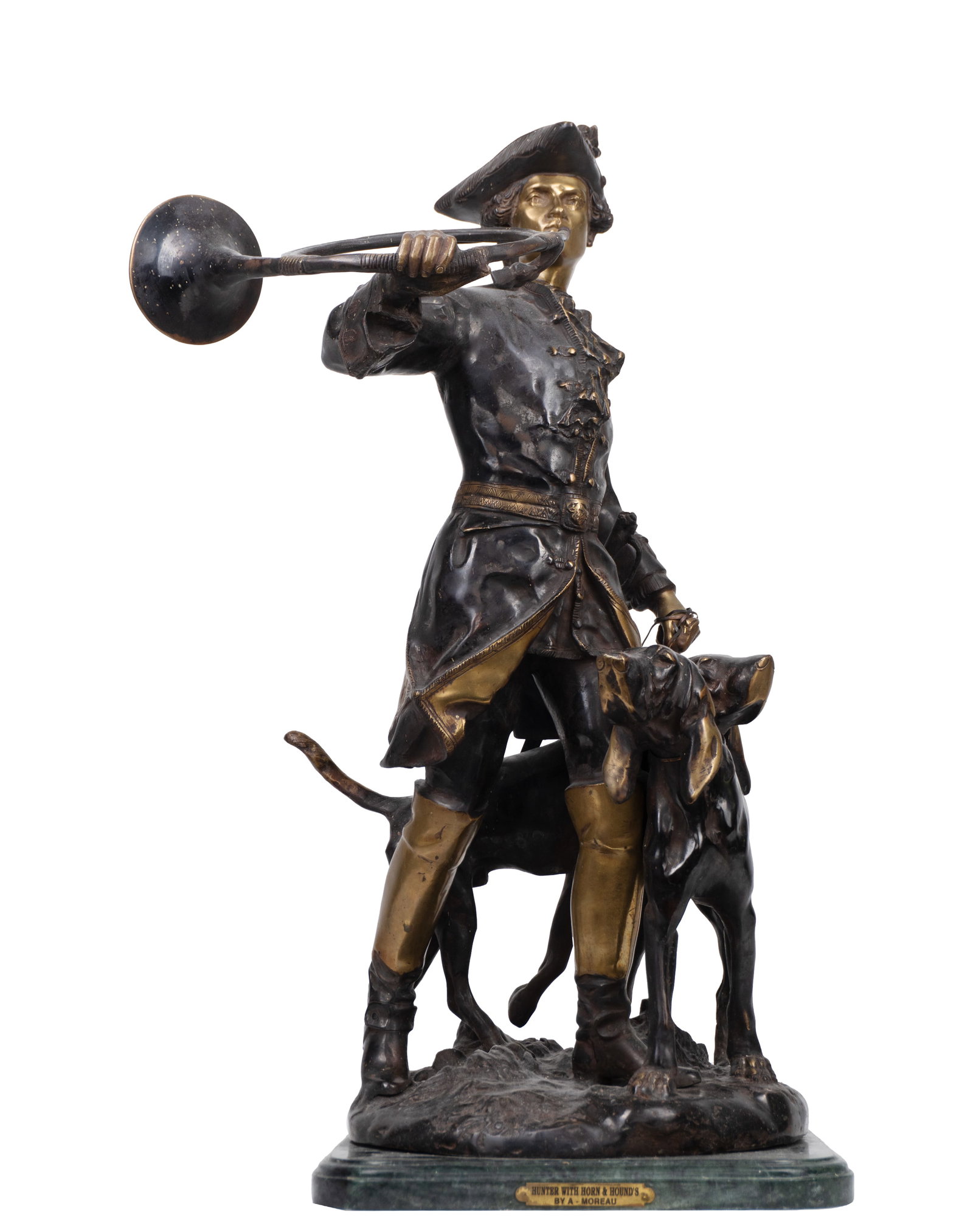 Moreau, Auguste - Two dogs and the man with the hunting horn: Moreau, Auguste (1834-1917) Two dogs and the man with the hunting horn Description (FR): Bronze à patine brune et dorée. Description (EN): Bronze with brown and gold patina. Dimension (PO): 71.1