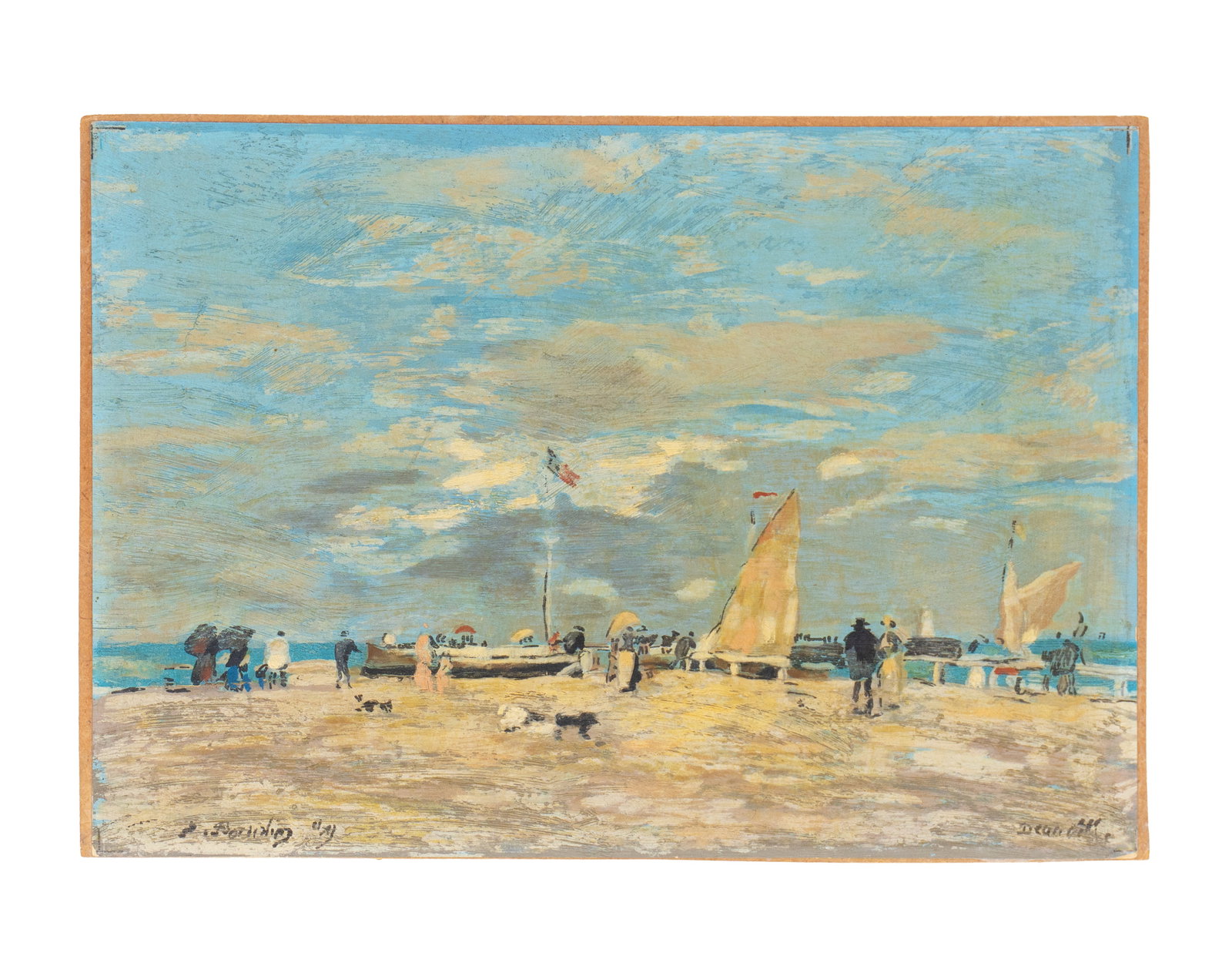 Boudin, Eugène (attr.) - "Deauville": Boudin, Eugène (attr.) (1824-1898) "Deauville" Description (FR): Huile sur papier signée en bas à gauche et titrée en bas à droite, collée sur isorel Description (EN): Oil on paper signed lower