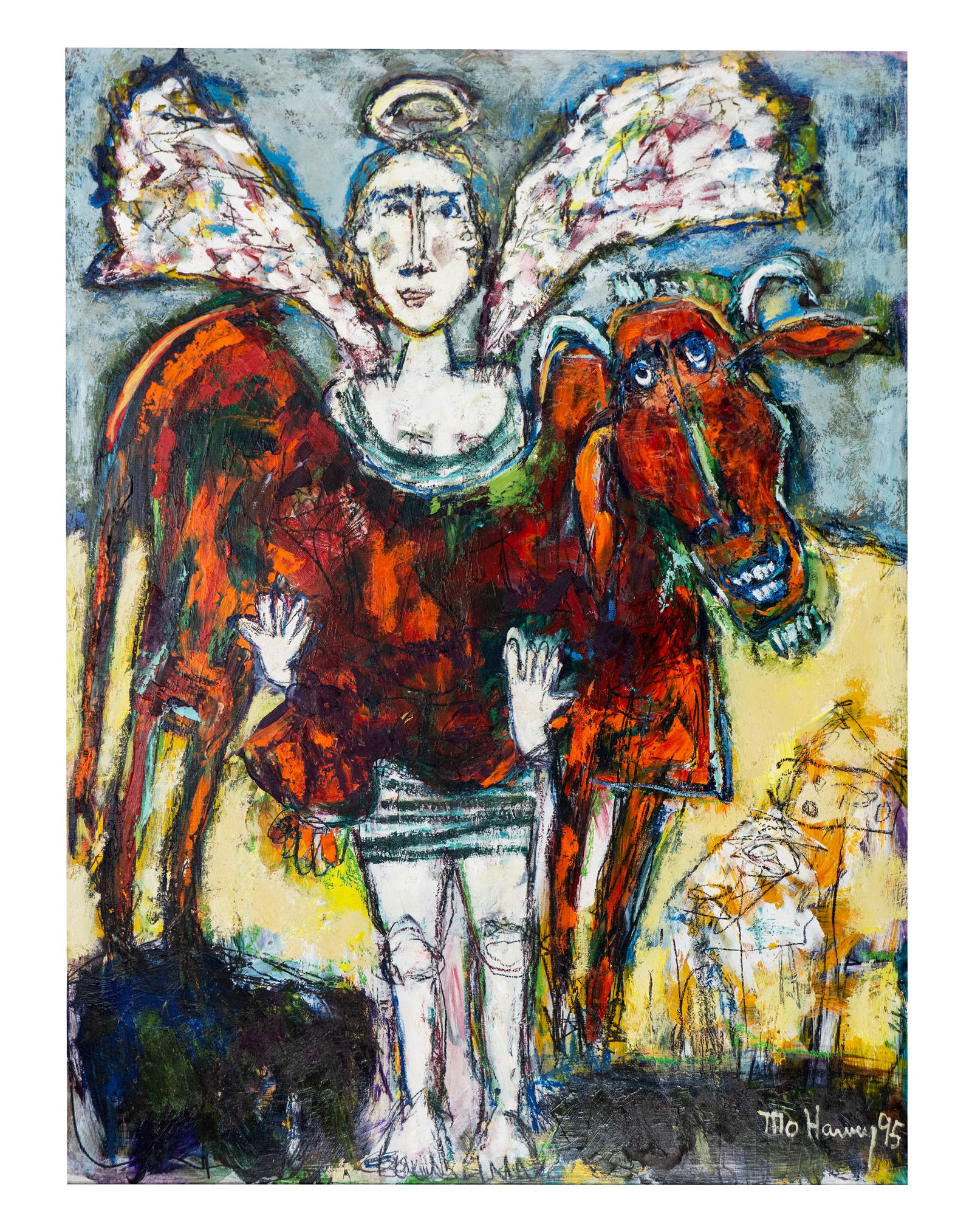 Harvey, Monique - "Rougette et l'archange" - 1995: Harvey, Monique (1950-2003) "Rougette et l'archange" (1995) Description (FR): Huile sur isorel signée et datée en bas à droite, titrée au dos. Certificat d'authenticité au dos Description (EN): O