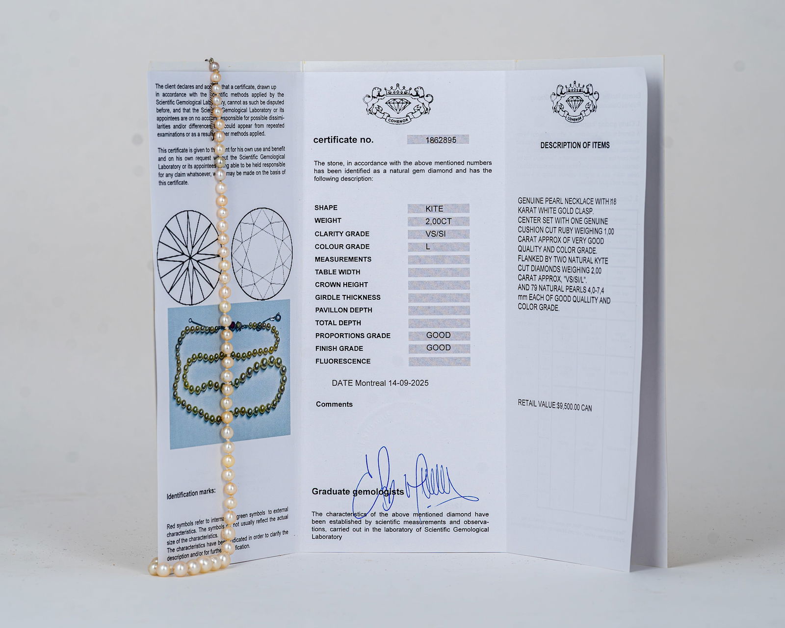 Pearl necklace with diamonds and ruby.: Pearl necklace with diamonds and ruby. Description (FR): 79 perles de culture. 1 rubis de coupe cushion d'approximativement 1.00 carat. 2 diamants de coupe kyte d'approximativement 2.00 carat, VS/SI,