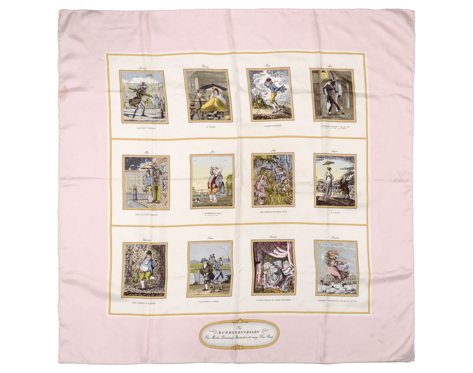 Burberry - "The Burberry Diary" silk scarf: Burberry "The Burberry Diary" silk scarf Description (FR): Magnifique foulard Burberry en soie, modèle "The Burberry Diary". Le design présente douze illustrations vintage représentant chaque mois
