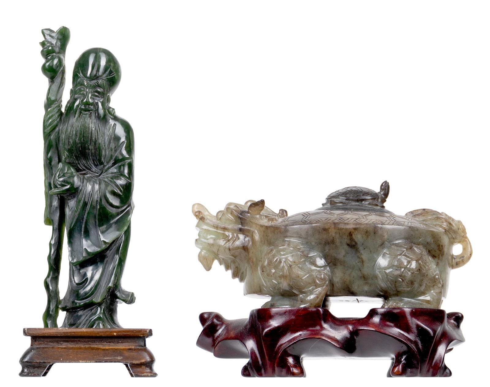 2 serpentine sculptures: 2 serpentine sculptures Description (FR): Un brule encens et un immortel, base de bois Description (EN): An incense burner and an immortal, wood base Dimension (PO): Hauteurs 10 cm et 23 cm 