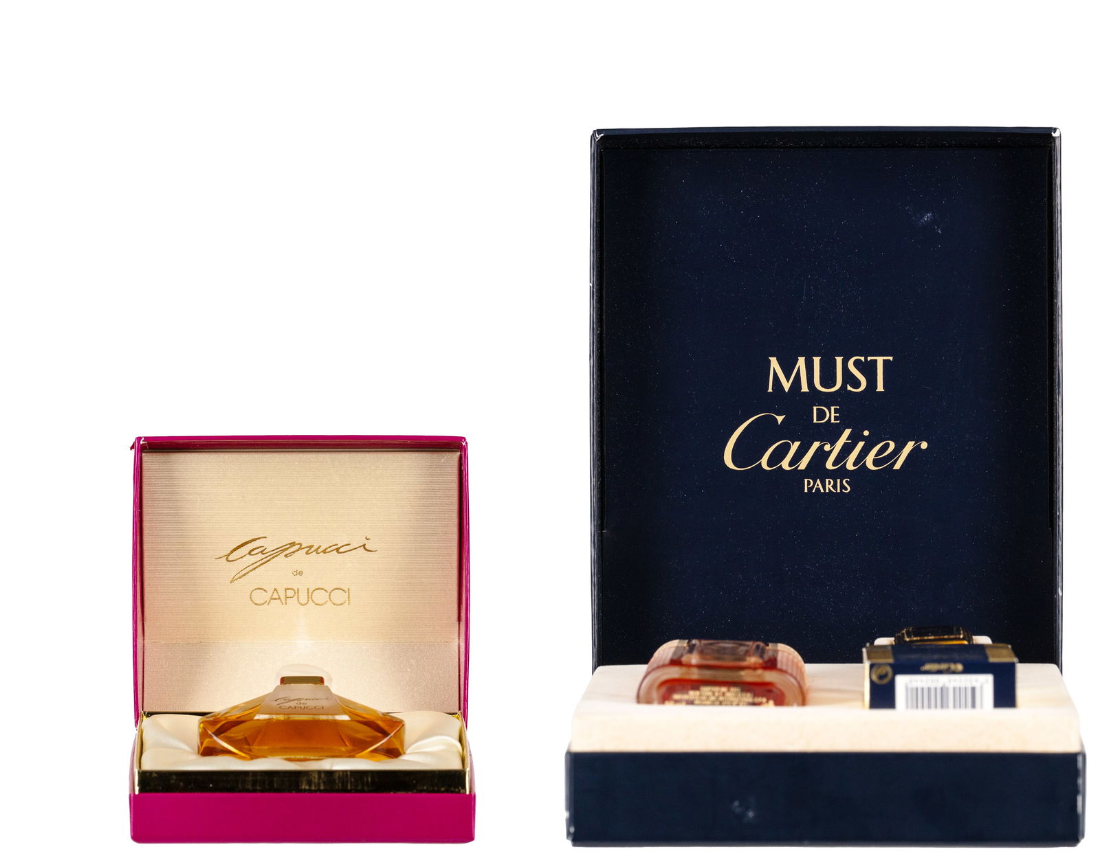 Cartier - "Must de Cartier" perfume set: Cartier "Must de Cartier" perfume set Description (FR): Élégant coffret de présentation "Must de Cartier" comprenant une eau de toilette, un vaporisateur de sac doré et une recharge. Un