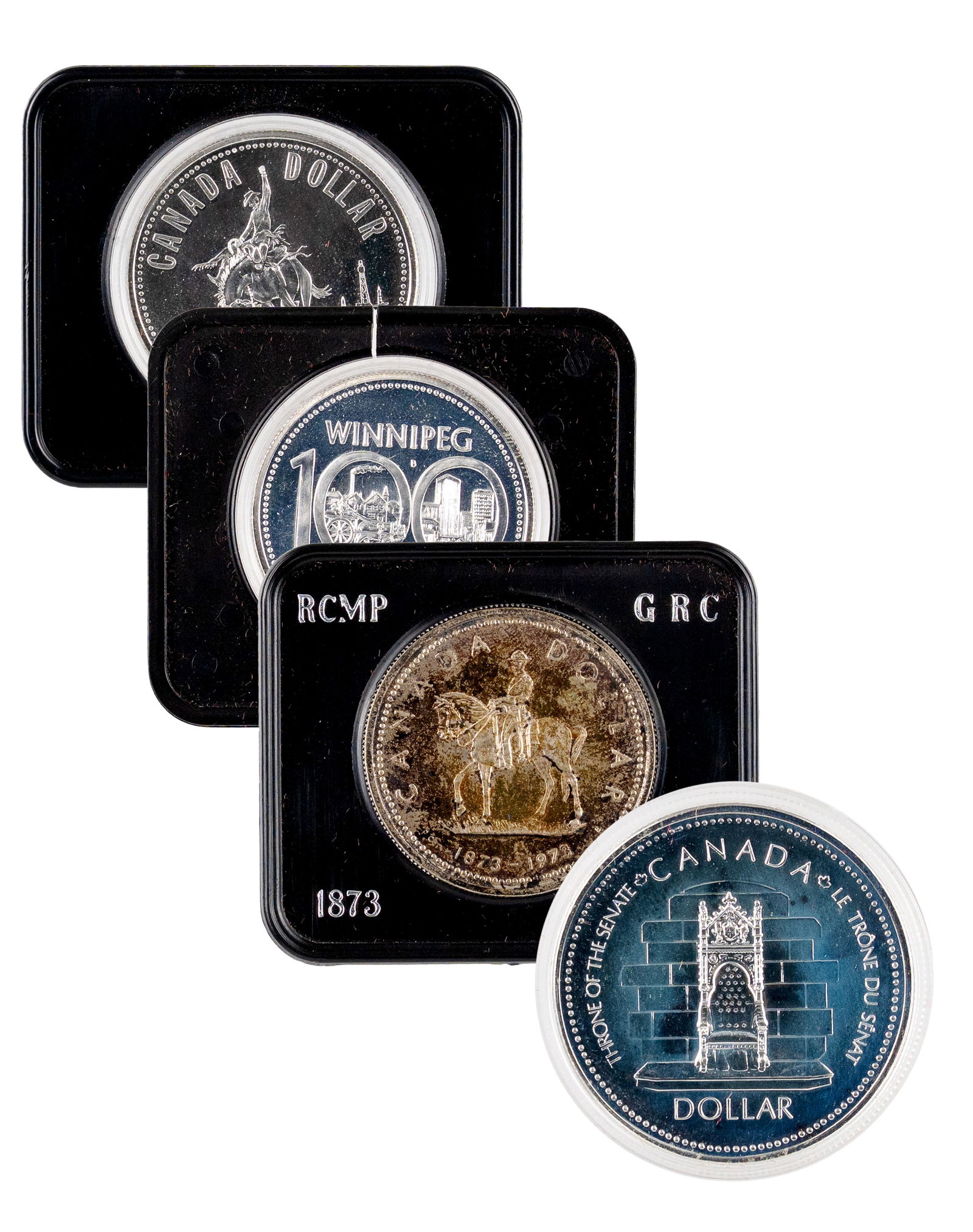 4 silver commemorative coins 0.500: 4 silver commemorative coins 0.500 Description (FR): Lot de 4 pièces commémoratives en argent 0.500:-Centième anniversaire de la Gendarmerie royale canadienne-Centième anniversaire de la ville
