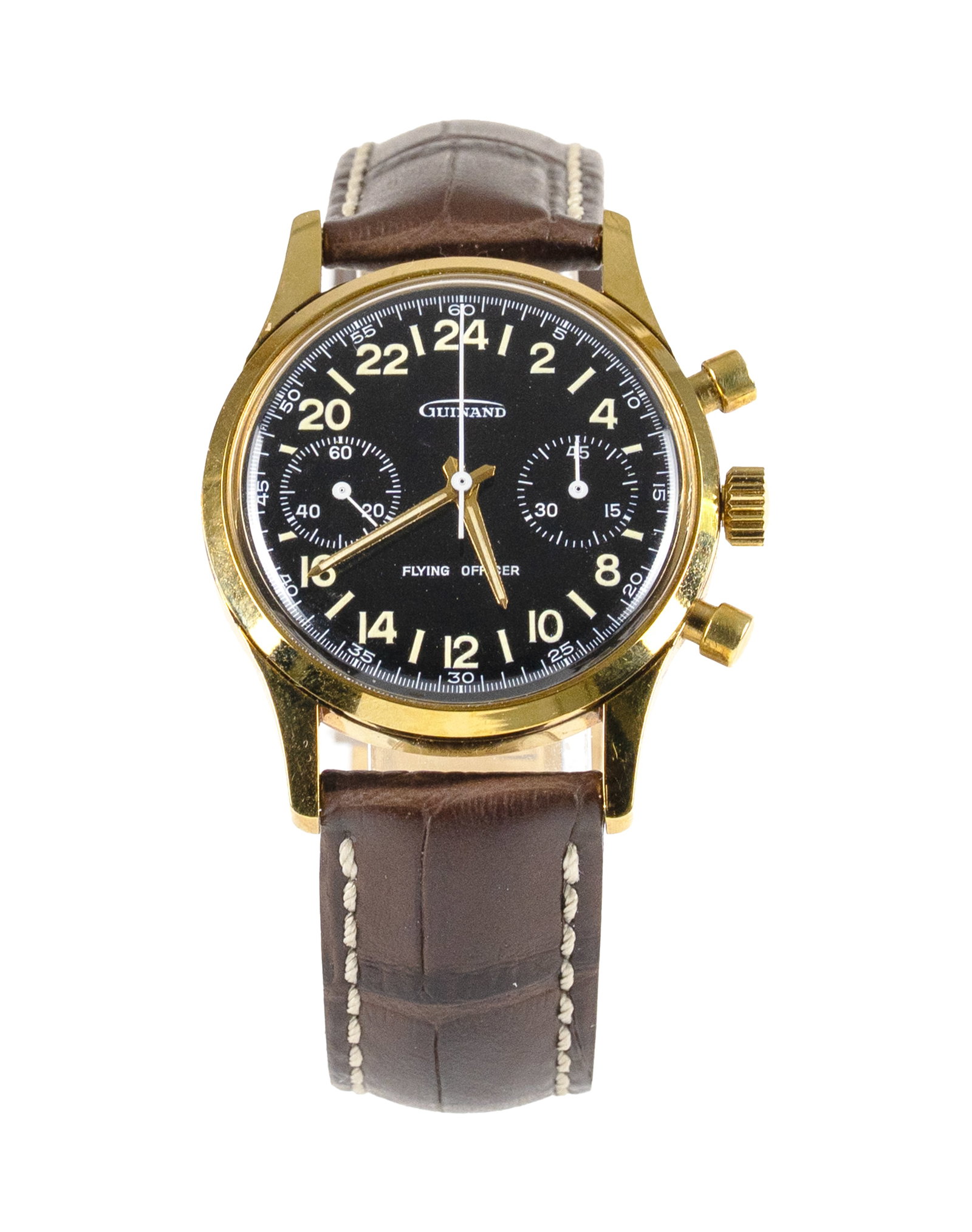 GUINAND Flying Officer 24-Hour Chronograph, Gold-Tone Case: A rare and captivating chronograph from the German manufacturer Guinand, the "Flying Officer" model. This timepiece features a distinctive "24-hour" dial, meaning the hour hand completes only one revo