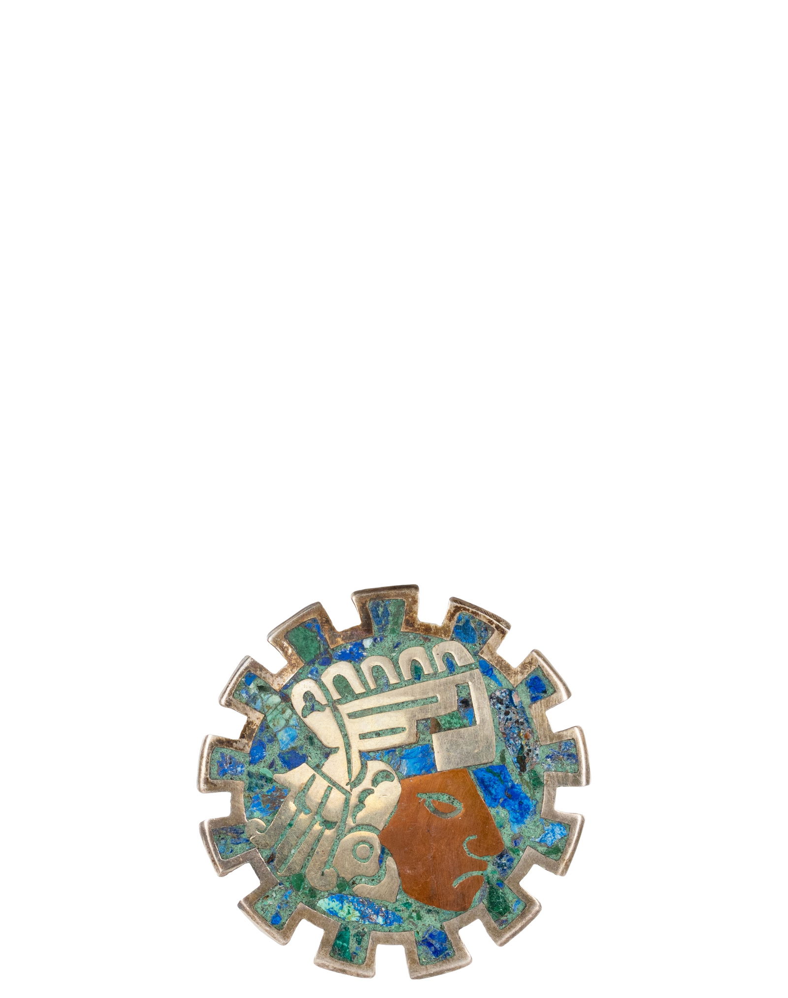 S.H - Silver brooch: S.H Mexico Broche en argent Argent sterling .925 avec motif coloré pesant 19gr Dimension: 2" diametre 5cm diameter ------------- S.H Mexico Silver brooch Sterling silver .925 with