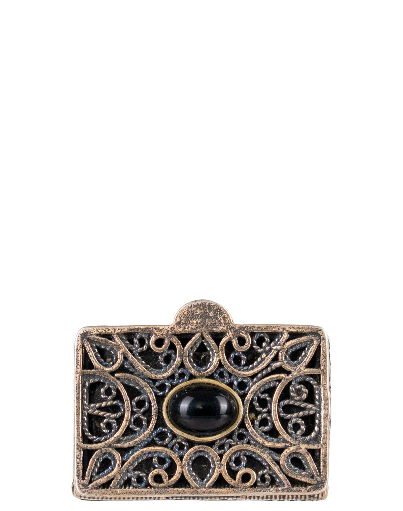 Vintage Israeli, Filligrane Sterling Silver and Onyx Pills Box: Israel Boîte à pilules vintage israélienne en argent massif filigrané et onyx Pillulier en argent sterling filligrane, sertie d'une Onyx, poinçonné en dessous Poids : 14.