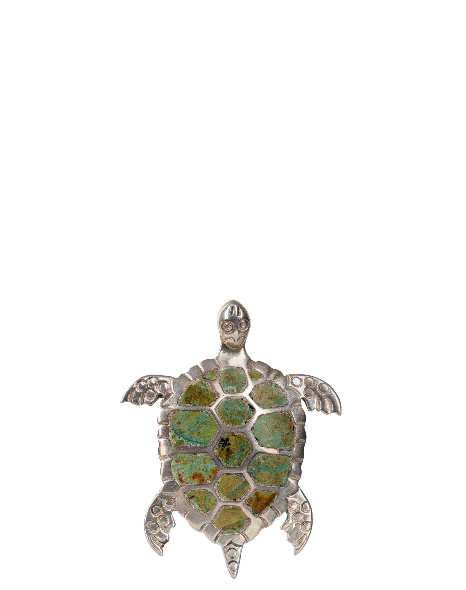 Sterling Silver Turtle Shaped Green Turquoises Inlaid Brooch/Pendant: Broche/pendentif en argent sterling en forme de tortue, incrustée de turquoises vertes Broche pendentif en argent sterling en forme de tortue incrustée de turquoises verte, poinçon