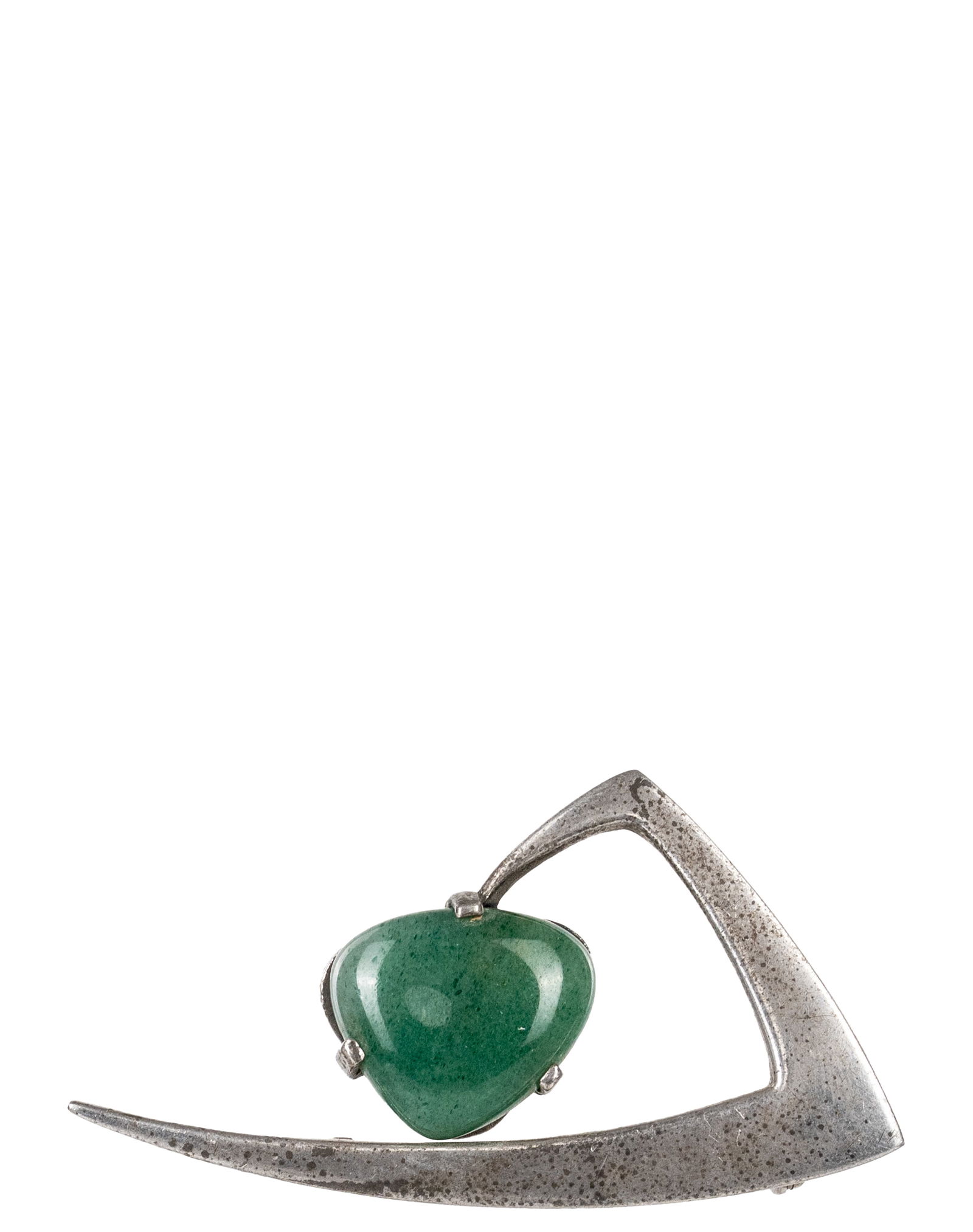 Modernist Sterling Silver Green Stone Brooch: Broche moderniste en argent sterling et pierre verte Broche modernist en argent sterling sertie d'une pierre verte, poinçon au dos, Poids : 10.7 g Dimension: 2 1/2" x 1 1/4" - ------------- Moder