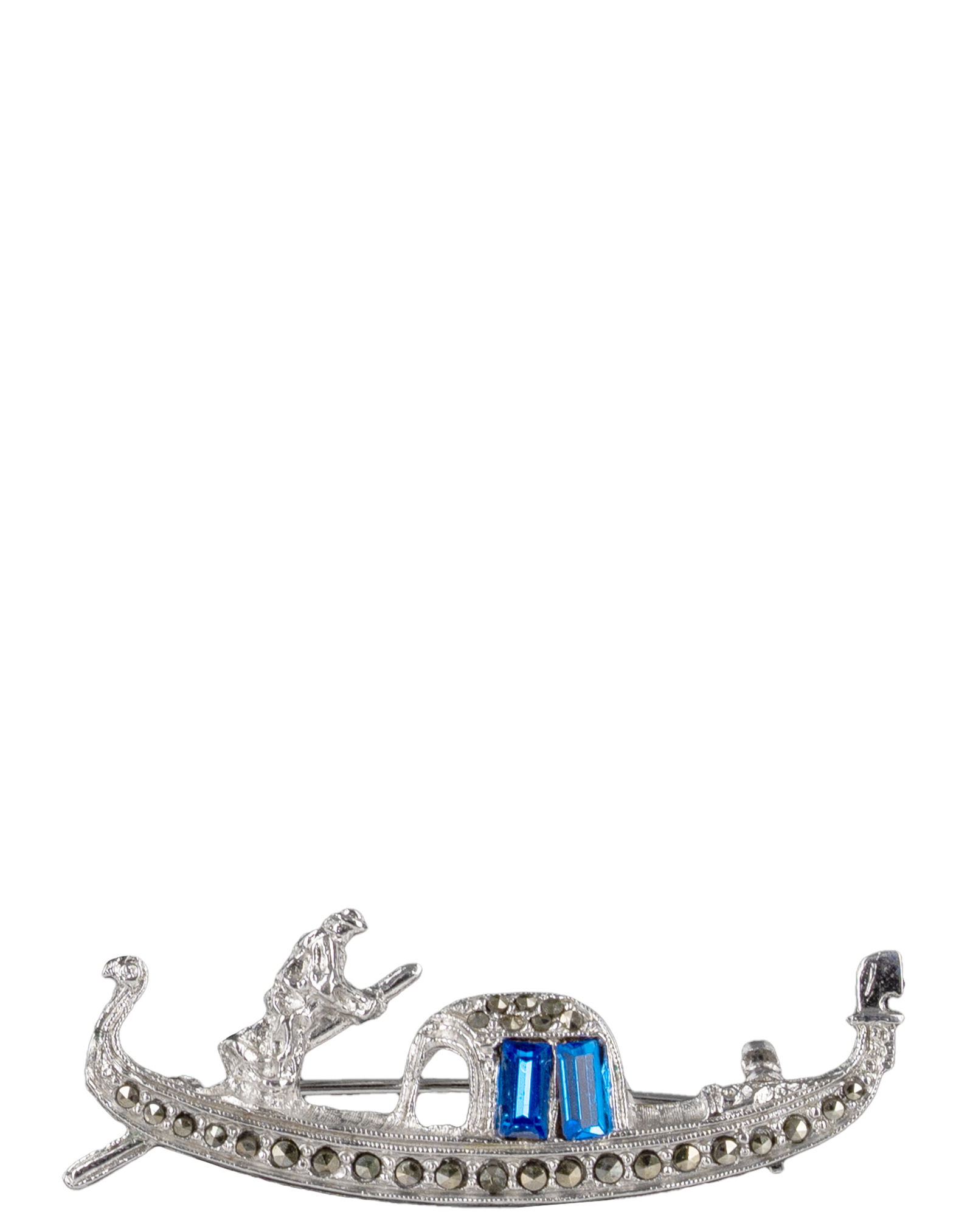 Sterling Silver Gondola Brooch: Broche gondole en argent massif Broche en argent sterling representent un gondole, sert de pierre bleu et de marcassites Poids : 4.3 g Dimension: 1 3/4" x 1/2" - ------------- Sterling