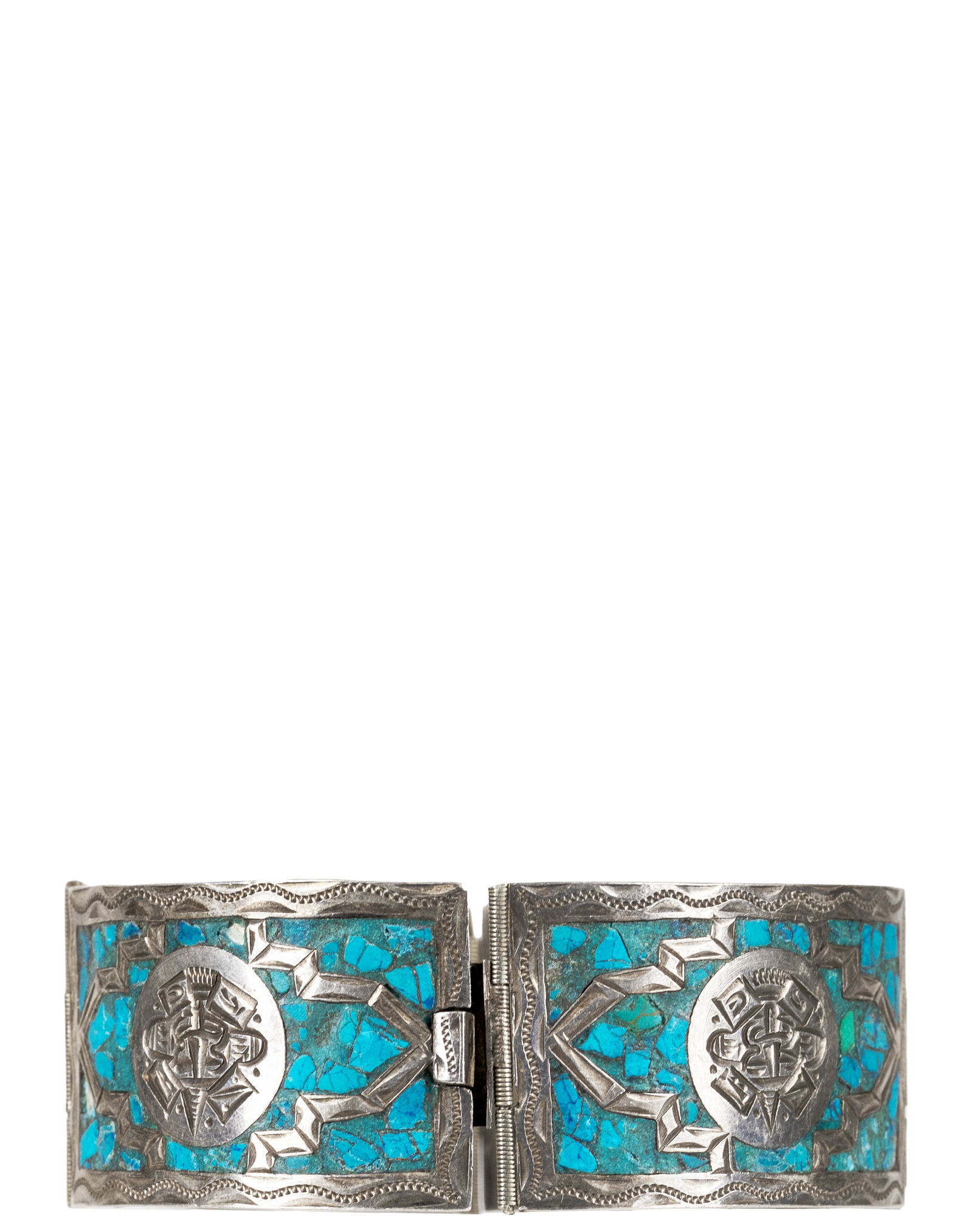 Vintage Mexican Silver Inlaid Turquoises Bracelet: Bracelet vintage mexicain en argent incrusté de turquoise Argent 925, poinçons sur le fermoir, poids : 41.3 g Dimension: 7" x 1" - ------------- Vintage Mexican Silver Inlaid