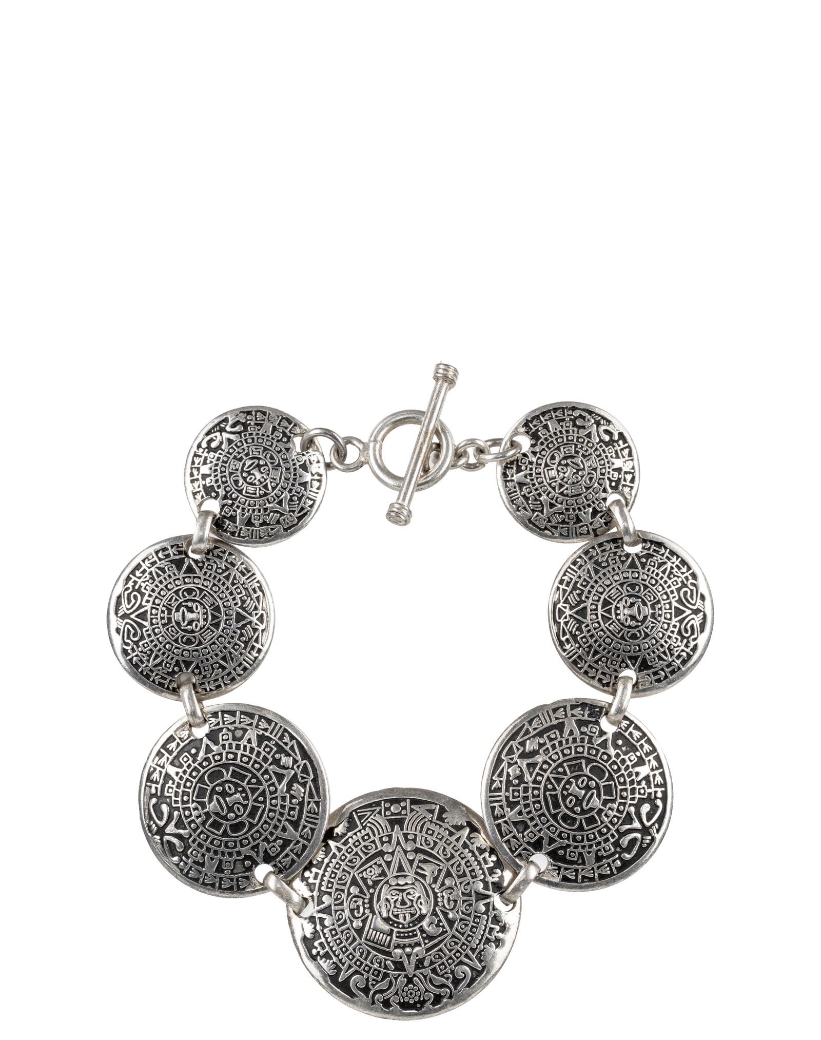 Sterling Silver Maya Calendar Bracelet: Bracelet en argent sterling avec calendrier maya Bracelet en argent sterling Poids : 39.7g Dimension: 8 1/2" x 1 1/2" - ------------- Sterling Silver Maya Calendar Bracelet Sterling silver