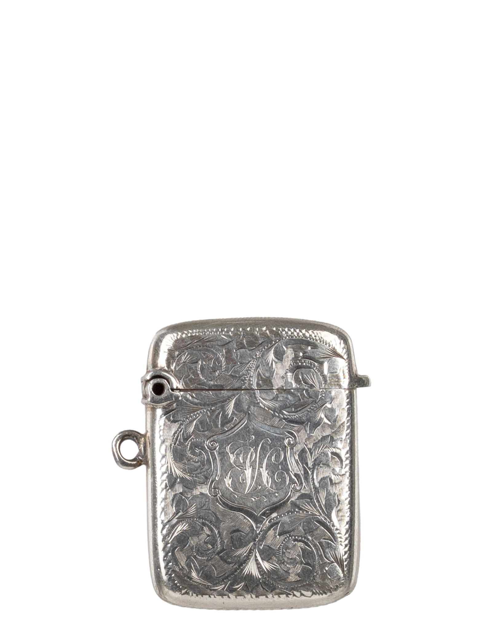 Antique British Sterling Silver Matchbox: Royaume-Unis Boîte d'allumettes ancienne en argent sterling britannique Ancienne Boite à Allumette en argent sterling britanique, poinçons sur le rebord Poids : 19.4 g Dimension: 1