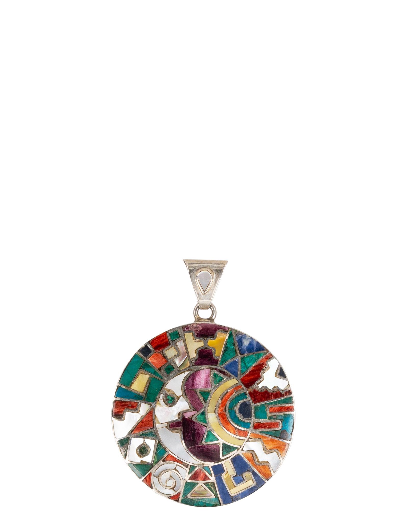 Vintage Sterling Silver Moon and Sun Pendant: Pendentif vintage en argent sterling représentant la lune et le soleil Pendentif en argent sterling, representant la lune et le soleil, incrustée de pierre semi-precieuse Poids : 17.8 g 