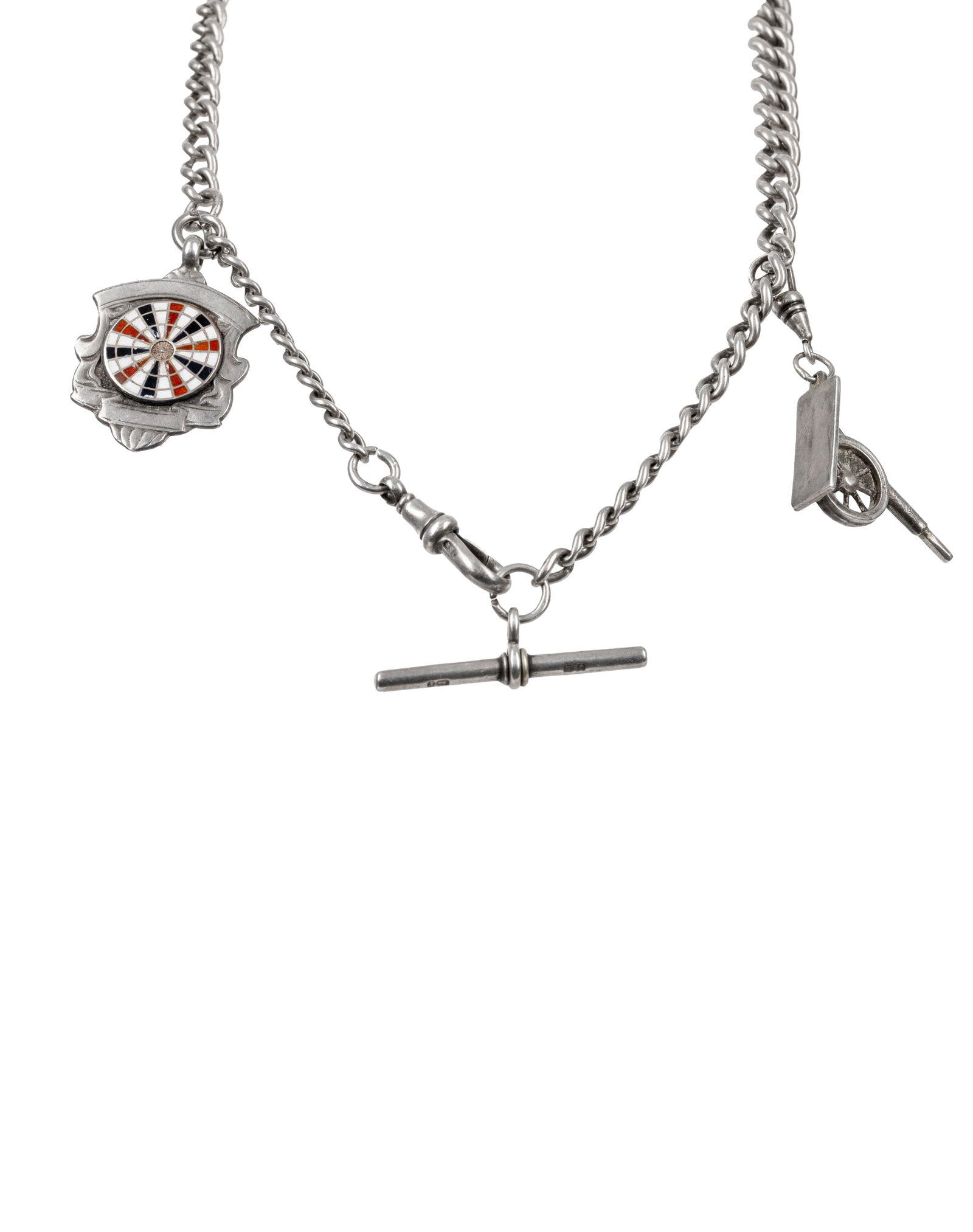 Antique Sterling Silver Pocket Watch Chain: Chaîne de montre de poche ancienne en argent massif Chaine de montre de poche en argent sterling sertie de deux breloque, poids : 46.2 gDimension: 14" --------------Antique Sterling