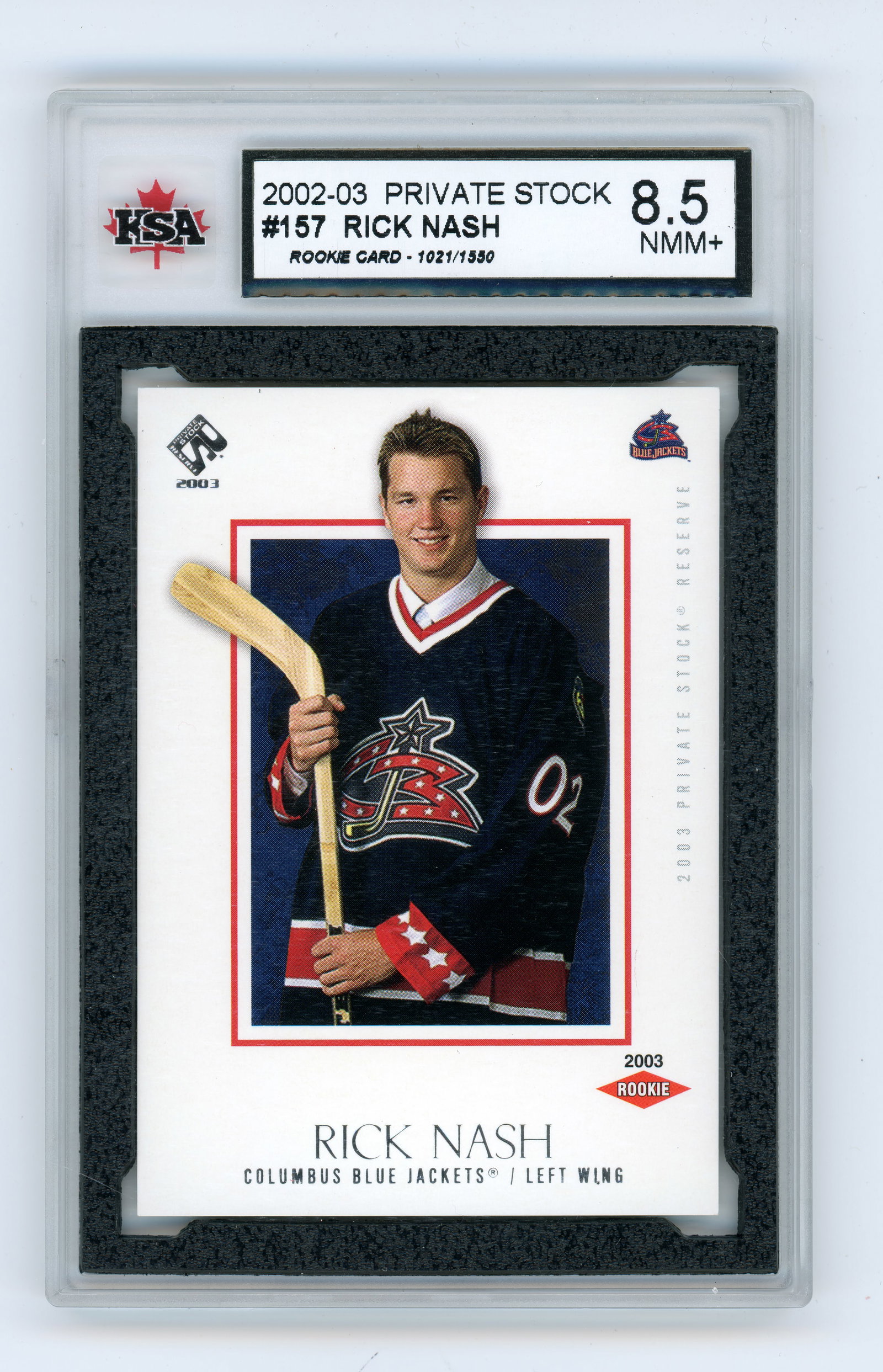 Rick Nash - 2002-03 Private stock Rookie card: Rick Nash 2002-03 Private stock Carte Recrue Gradée KSA 8.5 NMM+ Rapport de condition: Gradée ------------- Rick Nash 2002-03 Private stock Rookie card Graded KSA 8.5 NMM+ Condi