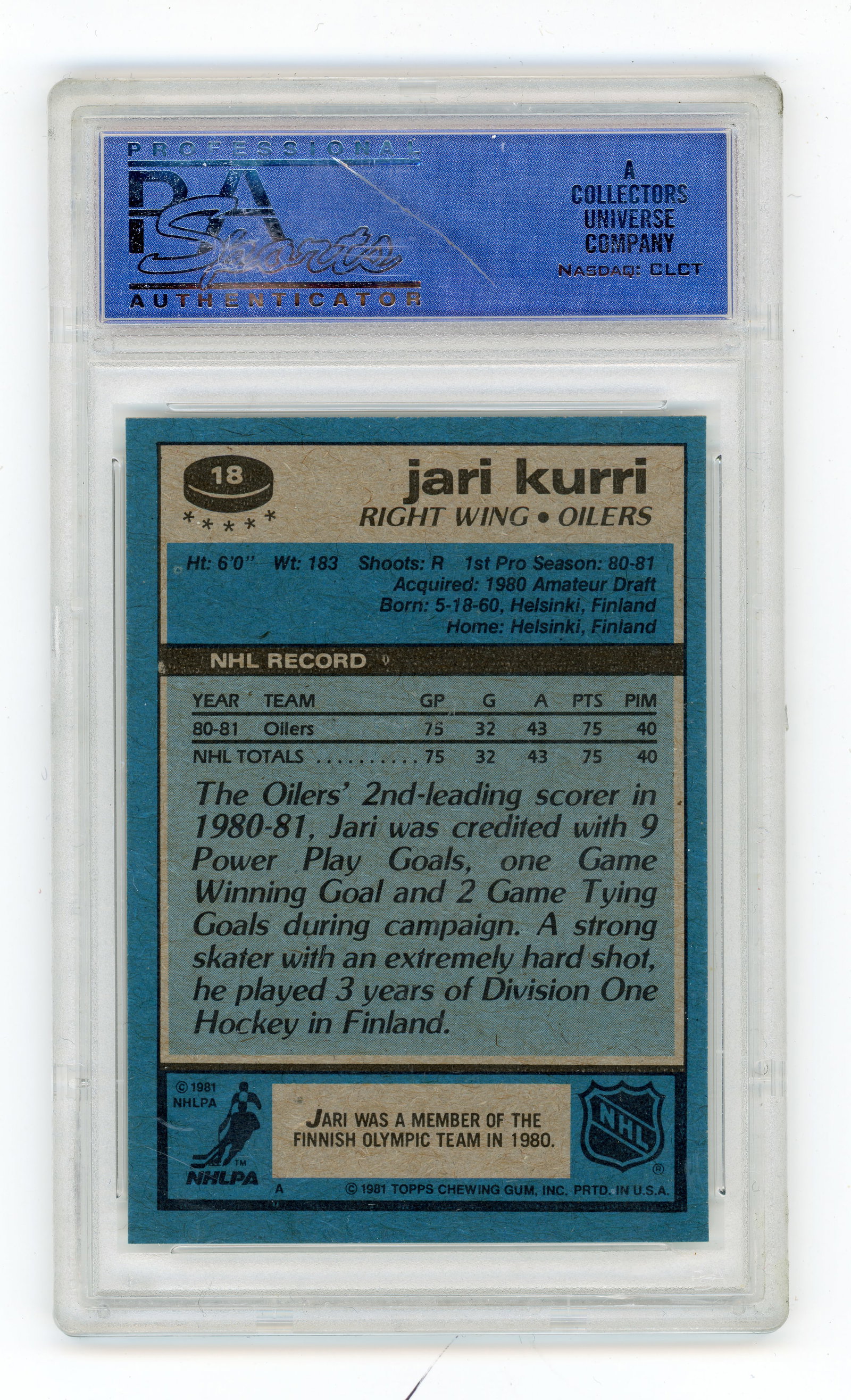 Jari Kurri - 1981 Topps Rookie card - 2