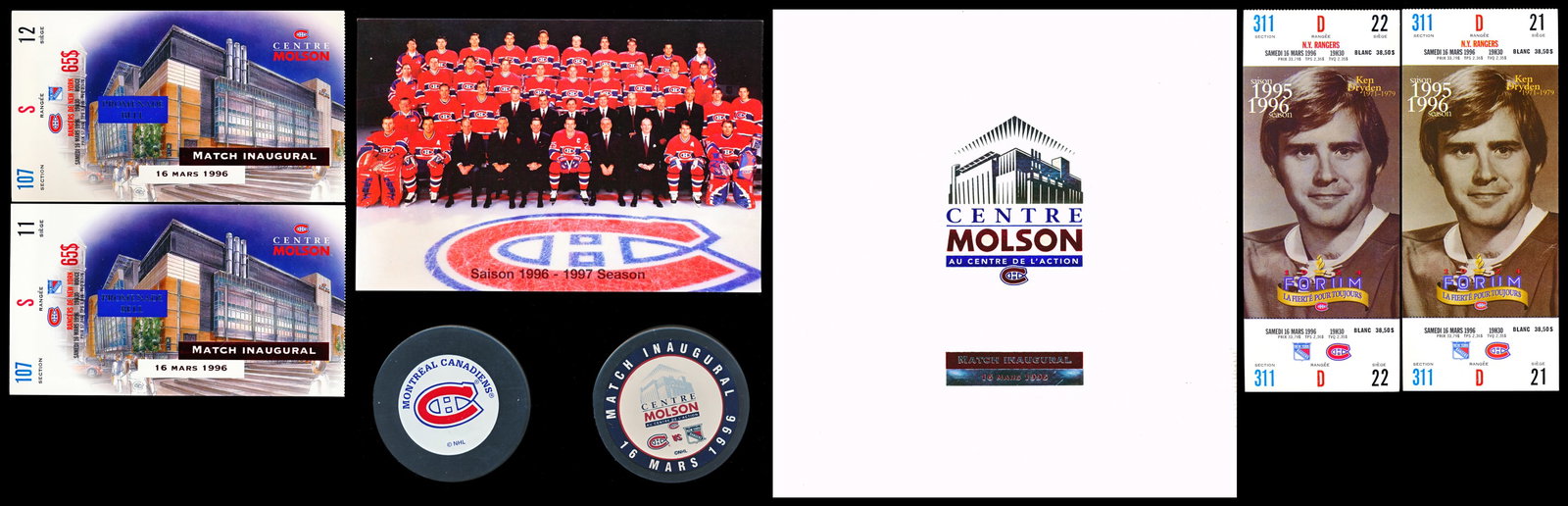 Hockey - 1996 Montreasl Canadiens vs New-York Rangers NHL molson CVenter inaugural ++: Hockey 1996 Canadiens de Montréal contre Rangers de New York, LNH, Molson CVenter inaugural ++ La Pochette inaugurale + 2 rondelles, 4 billets, une photo équipe Canadien 16 mars 1996 Rapport