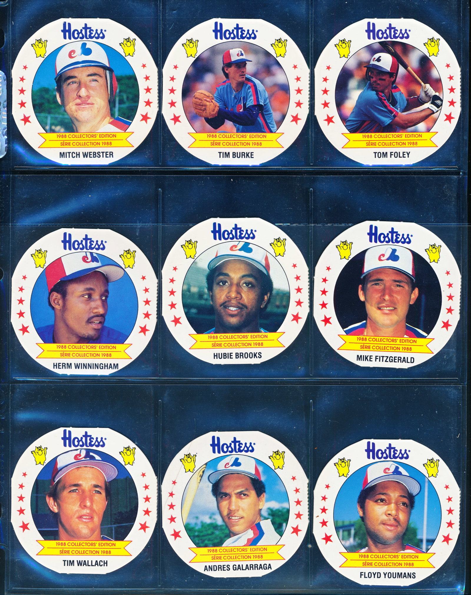 Sport - Hostess disc and anniversary edition cards: Sport Disque Hostess et cartes édition anniversaire Cartes 1995 Edition anniversaire (18 cartes) et Disque avec photos des Expos de Montreal (24 disques) Rapport de condition: bonne