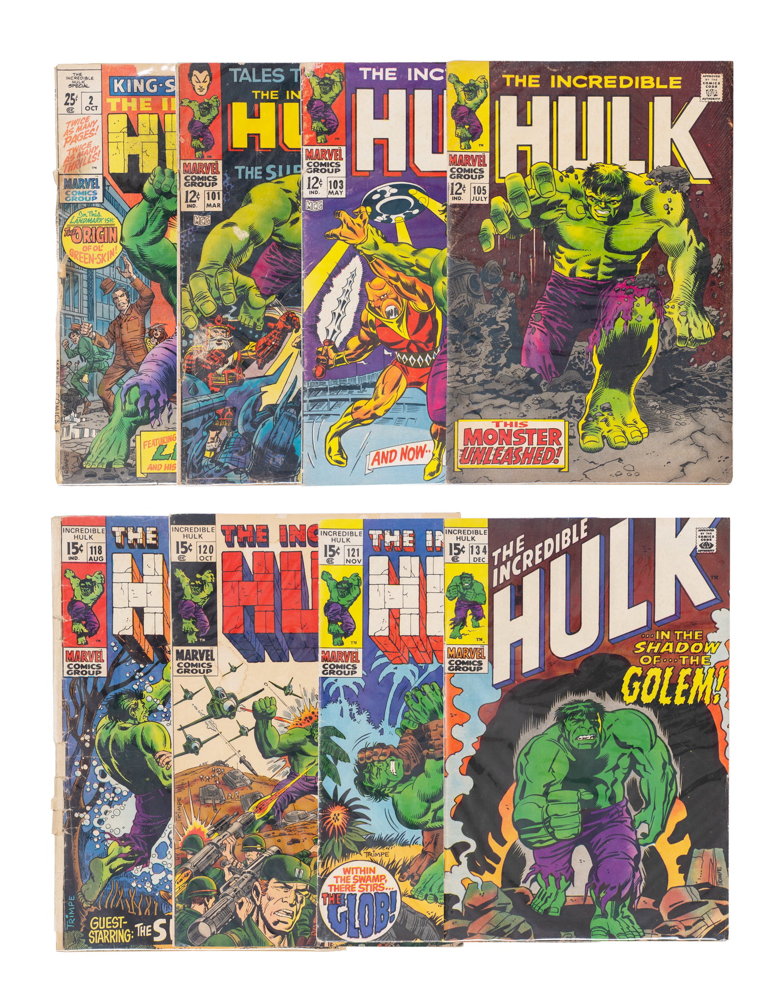 Marvel Comics - Lot of 8 comics Incredible Hulk: Marvel Comics États-Unis/ USA Lot de 8 bandes dessinées Incredible Hulk King size special #2, #101, 103, 105, 118, 120, 121, 134. Dimension: 10 1/4'' x 6 3/4'' 26 x 17 cm Rapport de