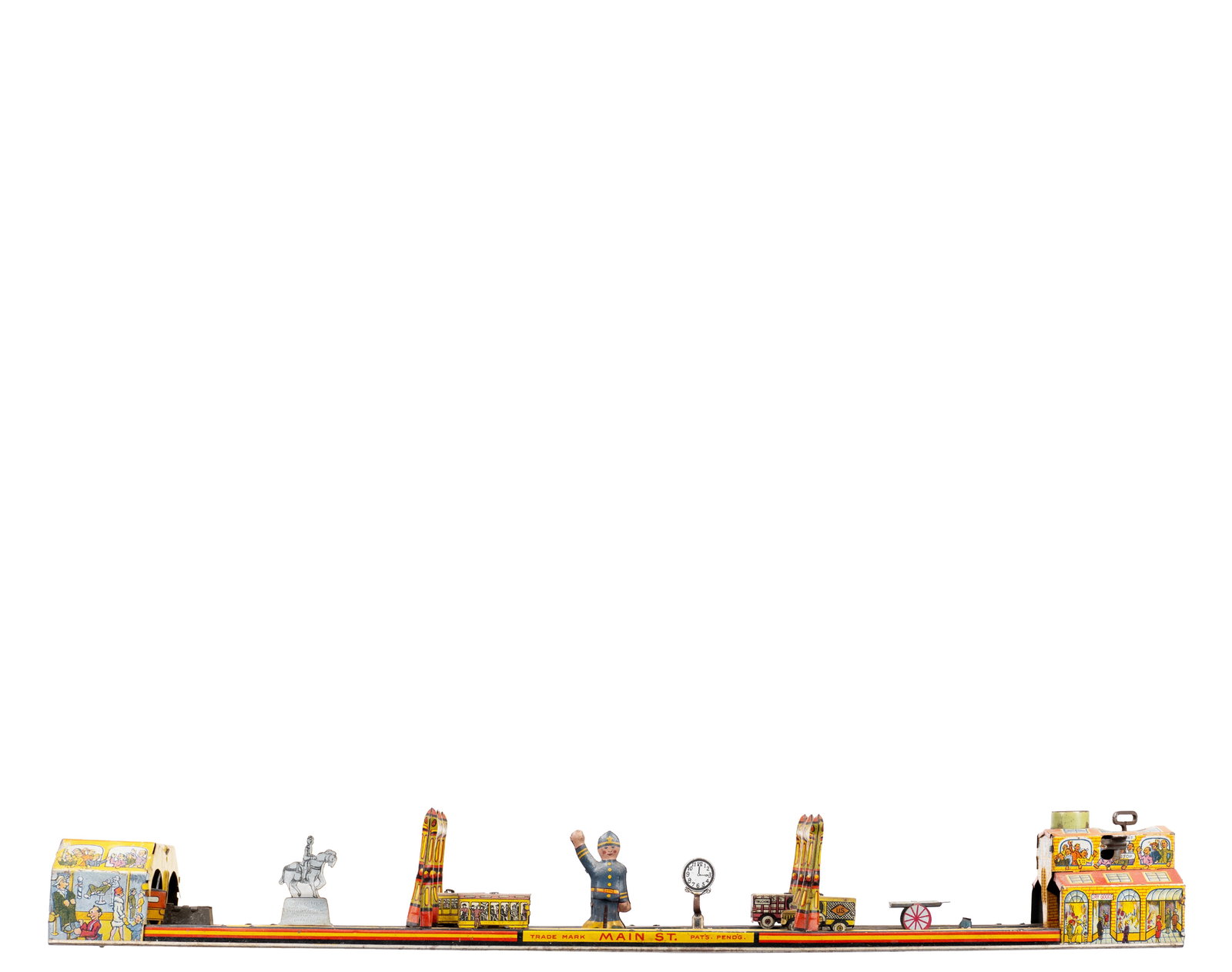 Louis Marx - Main street wind-up tin toy - 1940-50: Louis MarxÉtats-Unis \ USAJouet en tôle à remonter Main street (1940-50) Tôle lithographiée, marqué Louis Marx & co. New york, U.S.A. main streetDimension: Longueur 24"L