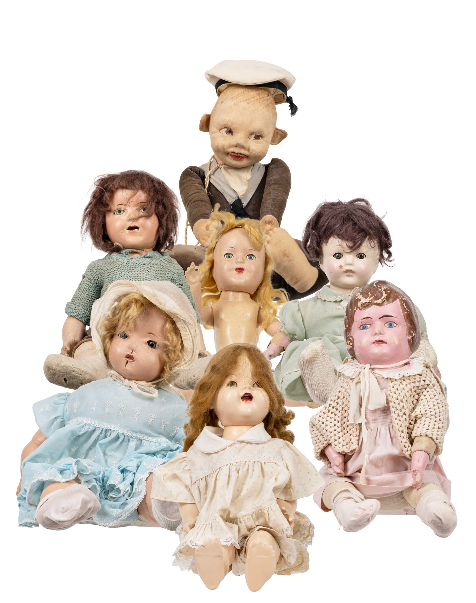 Lot of vintage dolls - Mi XXe siècle: Lot de poupées vintage (Mi XXe siècle) Principalement faites de matériel de composition Rapport de condition: Mauvais état ------------- Lot of vintage dolls (Mi XXe