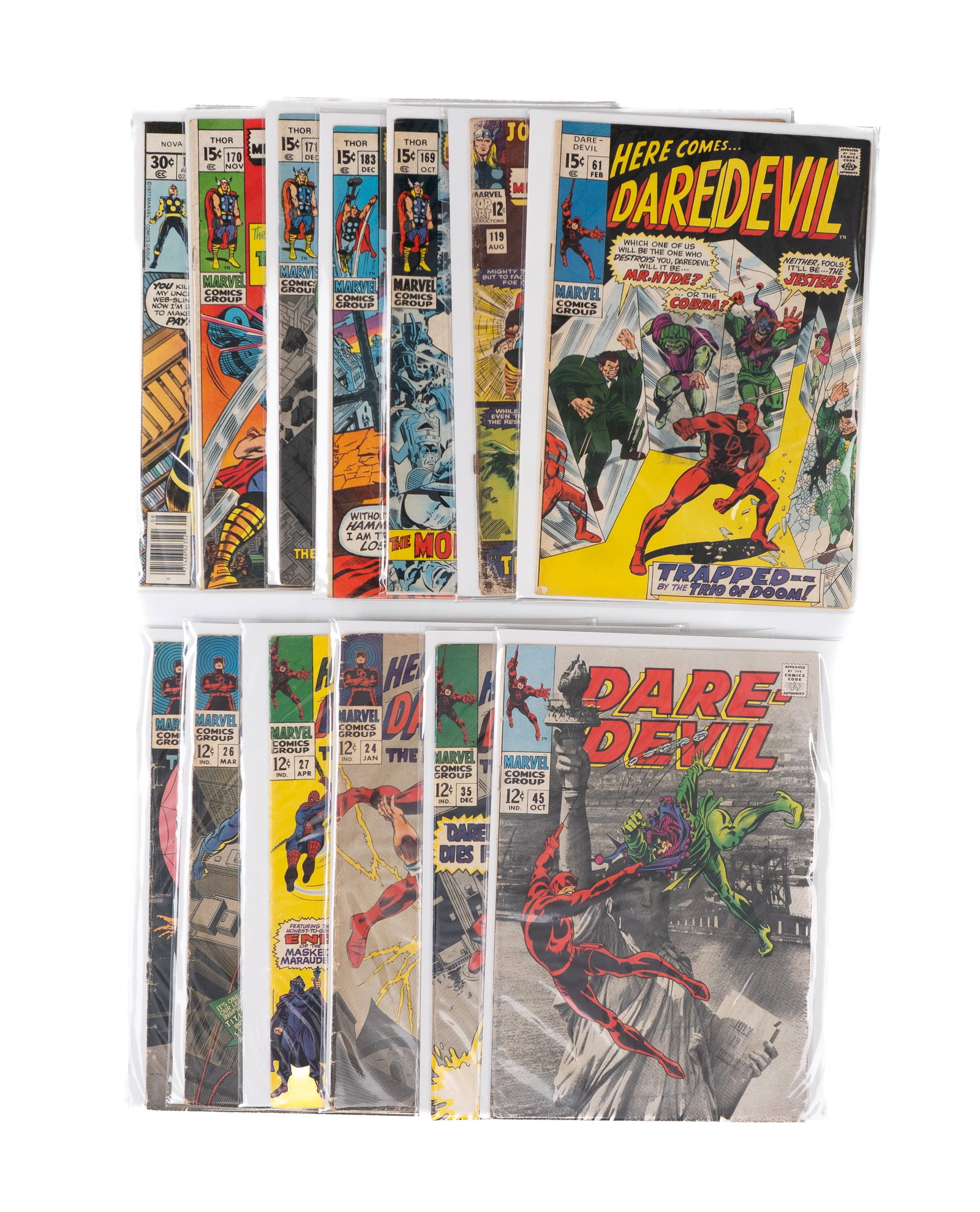Marvel Comics - Lot of 13 comics The mighty Thor, Daredevil: Marvel Comics États-Unis/ USA Lot de 13 bandes dessinées The mighty Thor, Daredevil The mighty Thor #119, 169, 170, 171, 183, Daredevil #17, 24, 26, 27, 35, 45, 61, aussi The man called