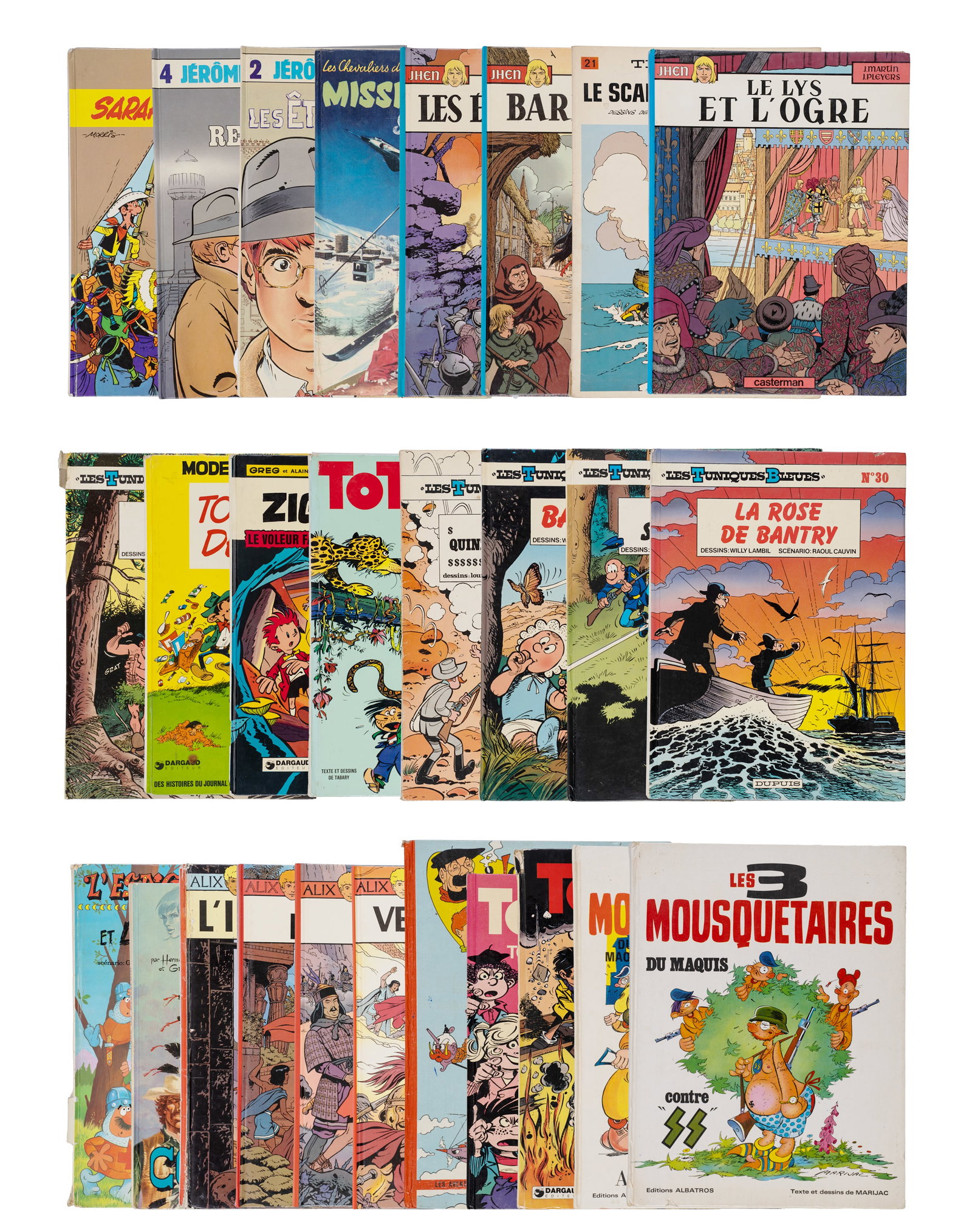 Lot of classic European comics: France \ Belgique Lot de bandes dessinées européennes classiques Inclut 3 x Jhen, Lucky Luke, 2 x Jérome Bloche, Tanguy et Laverdure, tif et Tondu, 5 x Les tuniques bleues, Modeste