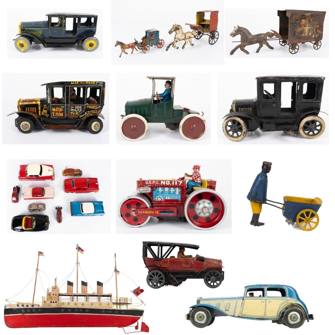 Various miniatures, cars, and boats: Miniatures diverses, voitures et bateau Peint main, sans marque, possiblement art populaire Rapport de condition: Quelques bosses et manques de peinture ------------- Various miniatures, cars,
