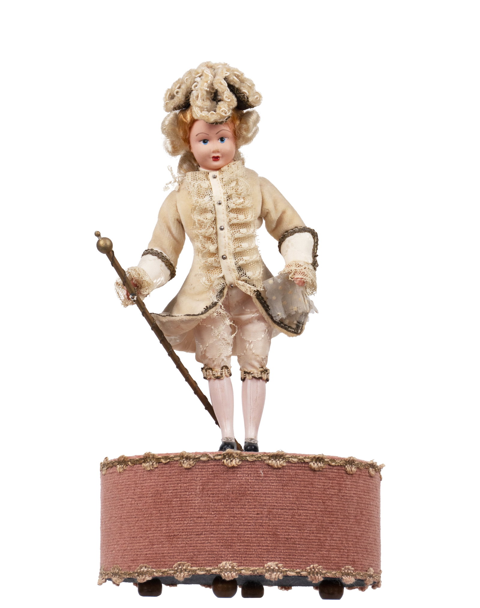 Automaton music box: Boite à musique automate Base de bois peinte et recouverte de tissu, la tête et les bras sont en celluloide peinte, vêtements élégants, joue Fuer Elise de Beethoven, la