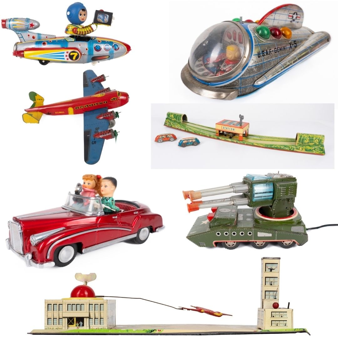 Rosko - Various toys - 1960's: Rosko USA \ Japan Jouets divers (1960's) Vintage X-10 Tank pom pom spatial télécommandé en étain + Avion en tôle à remonter TWA U.S. mail + Astronaute cameraman à ba