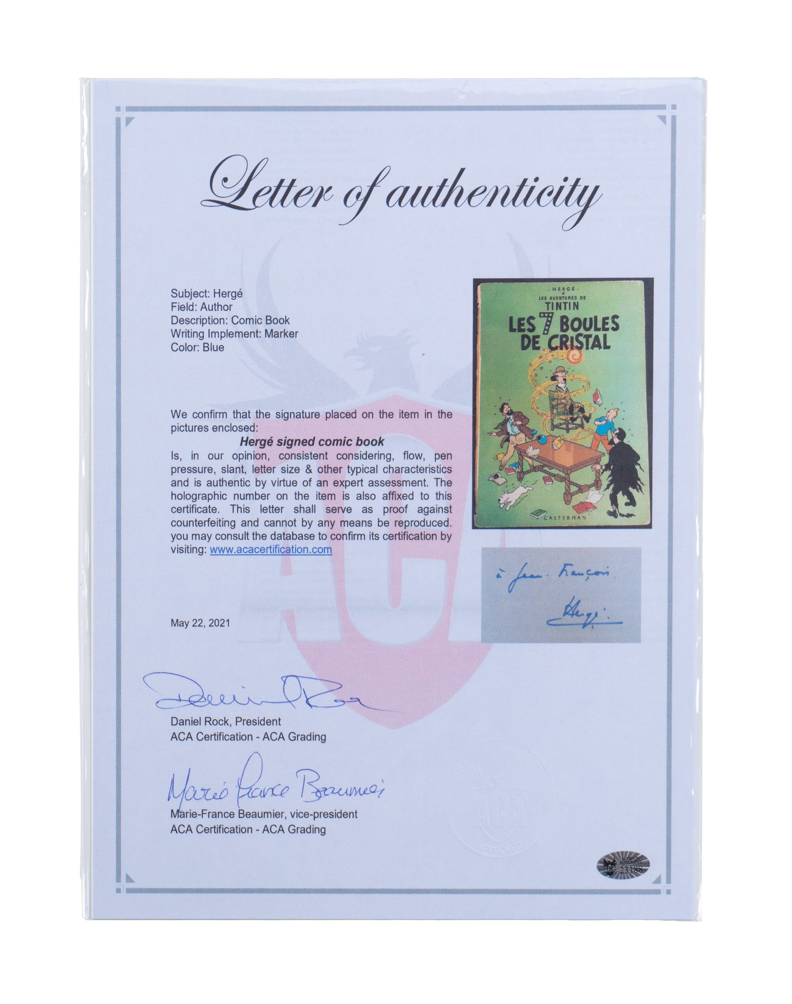 George Remi dit HERGÉ - Autographed album. Certificate - 1964 - 4