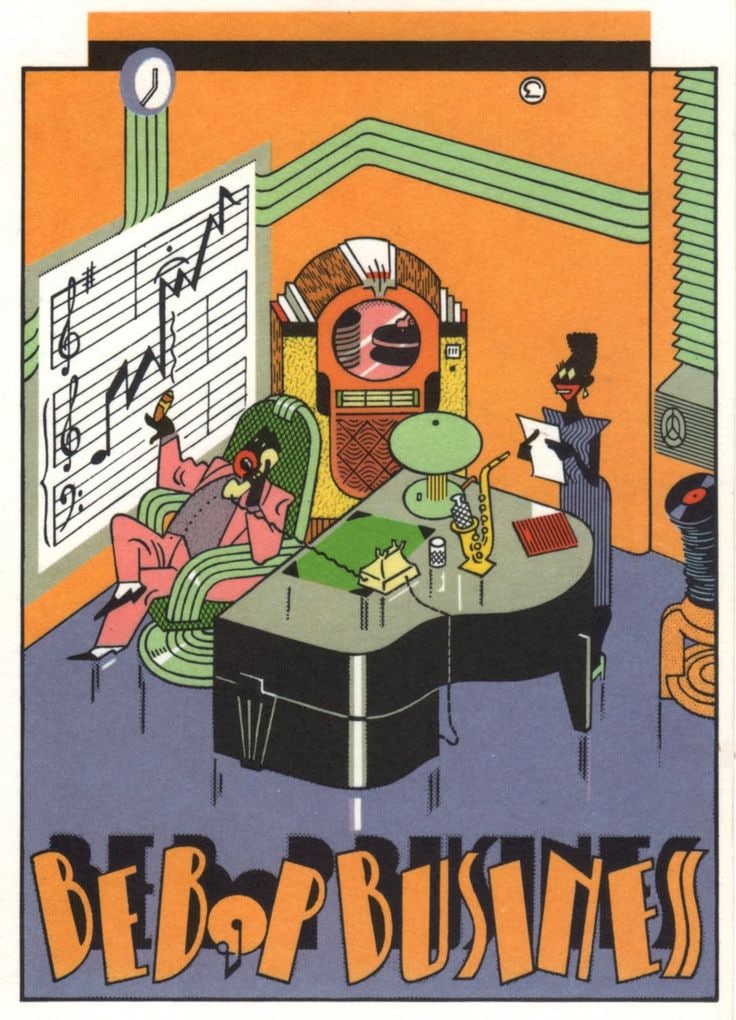 Meulen, Ever - "Bebop Business": Meulen, Ever (1946-) Belgique \ Belgium "Bebop Business" Affiche signée à la main en bas à droite. Rapport de condition: Bords et coins légèrement jaunis -------------