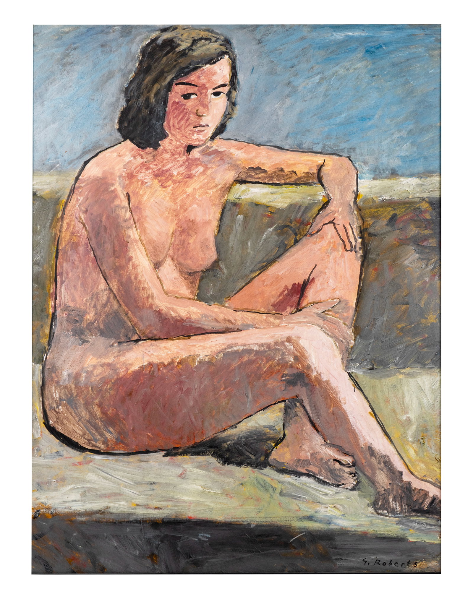 Roberts,Goodridge - Female nude sitting down: Roberts,Goodridge (1904-1974) Female nude sitting down Description (FR): Huile sur isorel signee en bas a droite G. Roberts Description (EN): Oil on masonite signed G. Roberts on lower right Dimension