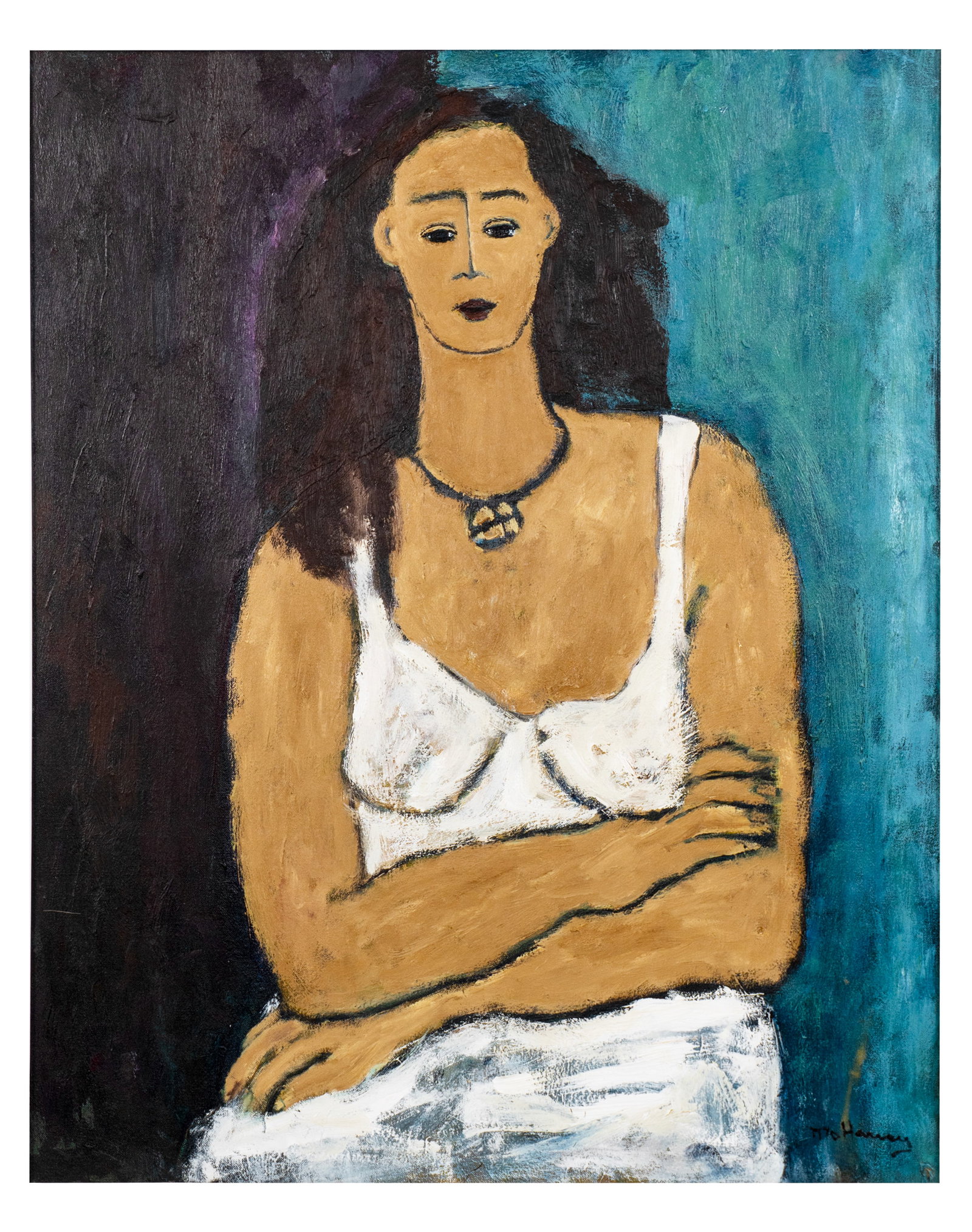 Harvey, Monique - "Jeune femme au pendentif" - 1987: Harvey, Monique (1950-2003) "Jeune femme au pendentif" (1987) Description (FR): Huile sur toile signee en bas a droite M. Harvey, datee et titree au dos Description (EN): Oil on canvas, signed “M. H