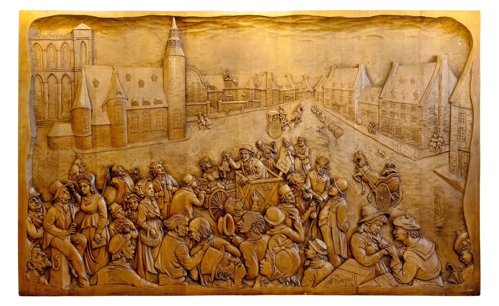 Bourgault, Jean-Julien - Old Montreal - 1967: Bourgault, Jean-Julien (1910-1996) Old Montreal (1967) Description (FR): Important bas relief sculpte sur bois, signe, date et titre au dos. (Le transport et la manutention devront être organises par