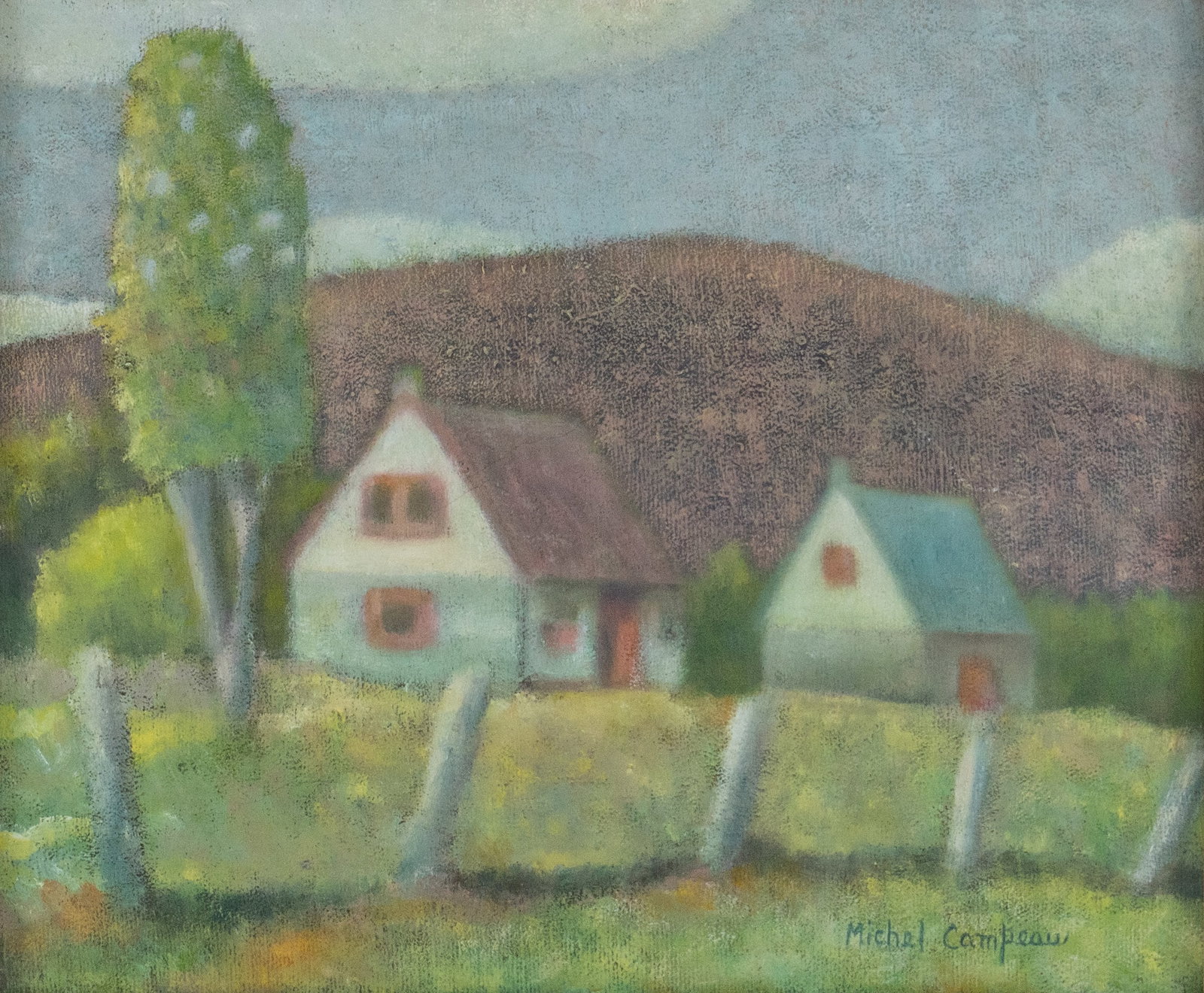 Campeau, Michel - Houses in the countryside: Campeau, Michel (XXe) Maisons en campagne Huile sur toile signée en bas à droite Dimension: 10" x 12" 25.5 x 31 cm ------------- Campeau, Michel (XXe) Houses in the countryside Oil on can