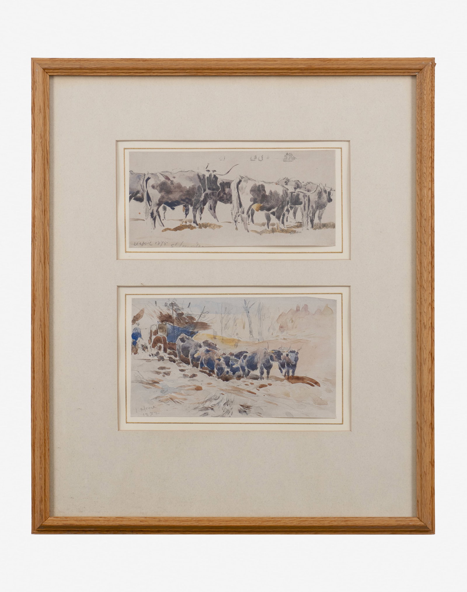 Richardson, John Isaac - "Study of Cattle" - 1875-1882: Richardson, John Isaac (1836-1913) Royaume-Uni/United Kingdom "Study of Cattle" (1875-1882) Crayon et aquarelle sur papier signée et datée en bas à gauche Dimension: 3,5" x 7" - 4,5" x