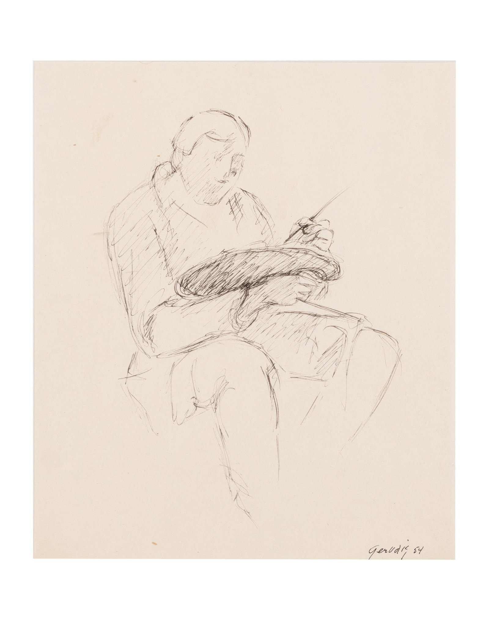 Gervais, Lise - Man seated - 1954: Gervais, Lise (1933-1998) Homme assis (1954) Encre sur papier signée et datée en bas à droite Gervais 54 Dimension: 10" x 8" 25 x 20 cm ------------- Gervais, Lise (1933-1998) Man