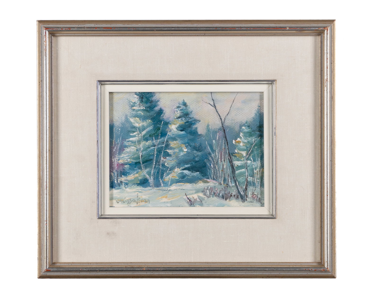 Missakian, Berge - January landscape: Missakian, Berge (1933-2017) Paysage de Janvier Huile sur isorel signée en bas à gauche Dimension: 6'' x 8'' 15 x 20 cm ------------- Missakian, Berge (1933-2017) January landscape Oil on