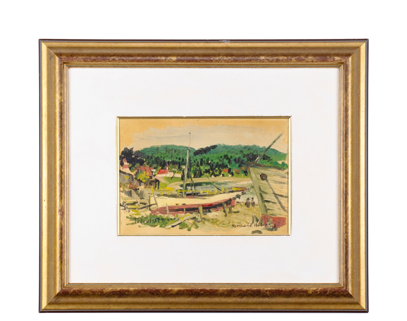 Hudon, Normand - "Tadoussac" - 1946: Hudon, Normand (1929-1997) "Tadoussac" (1946) Huile sur carton entoilé, signée et datée en bas à droite, titrée à gauche Dimension: 7" x 10" 17,75 x 25,5 cm