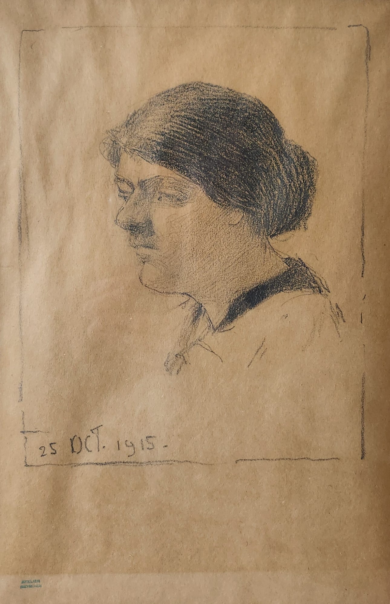 Brymner, William - Profile portrait of a woman - 1915: Brymner, William (1855-1925) Portrait d'une femme de profil (1915) Crayon sur papier datée en bas à gauche, 25 Oct. 1915, sceau d'atelier au bas Dimension: 12" x 8" 30 x 20 cm ------------- 