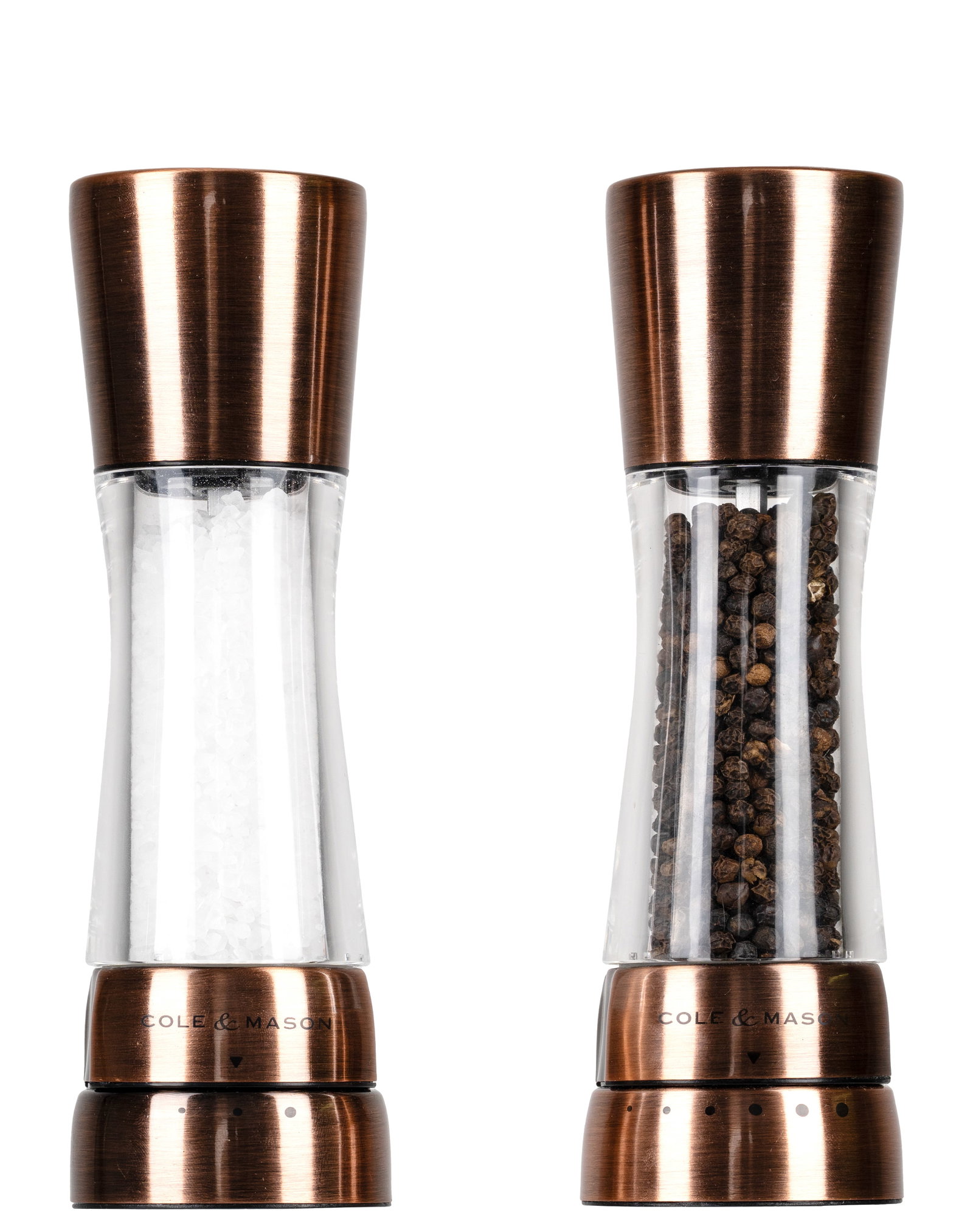 Cole & Mason - Pepper and salt mill set: Cole & Mason Angleterre / England Ensemble de moulins à poivre et à sel Faits de cuivre et verre, ajustables Dimension: Hauteurs 7 1/2" Hauteur 19 cm Rapport de condition: État neuf