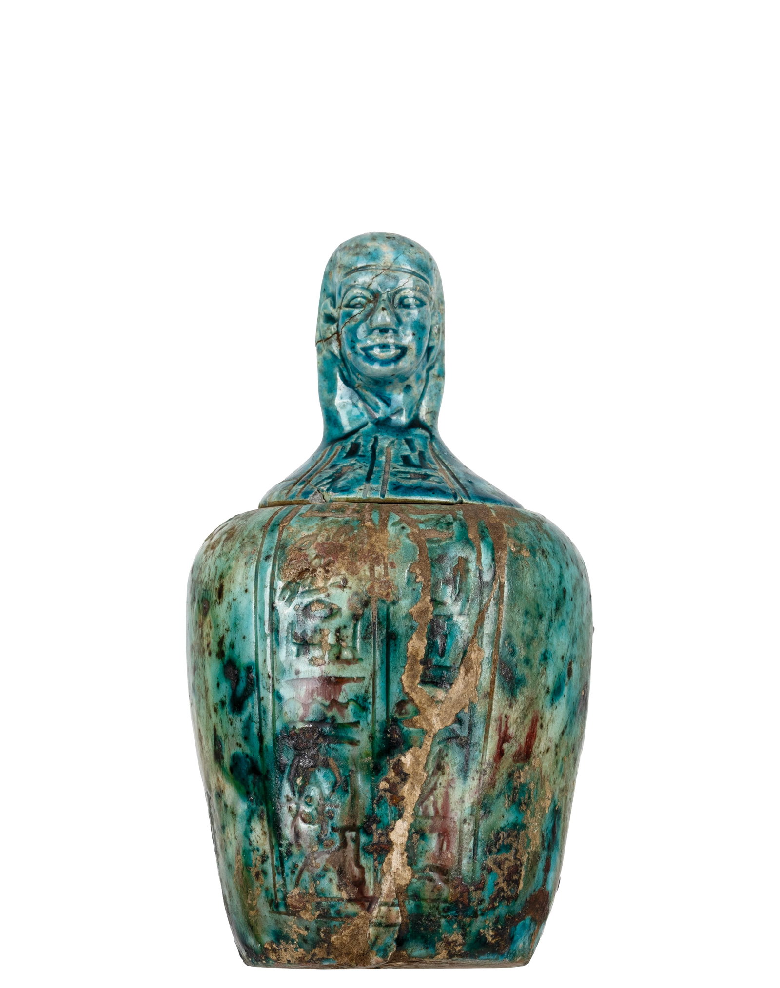 Canopic jar: Egypte \ Egypt Vase canope Fait d'émail égyptien, le bouchon représentant possiblement le génie Amset, hiéroglyphes au dos, sur le bouchon et sous le bouchon Dimension: Hauteu