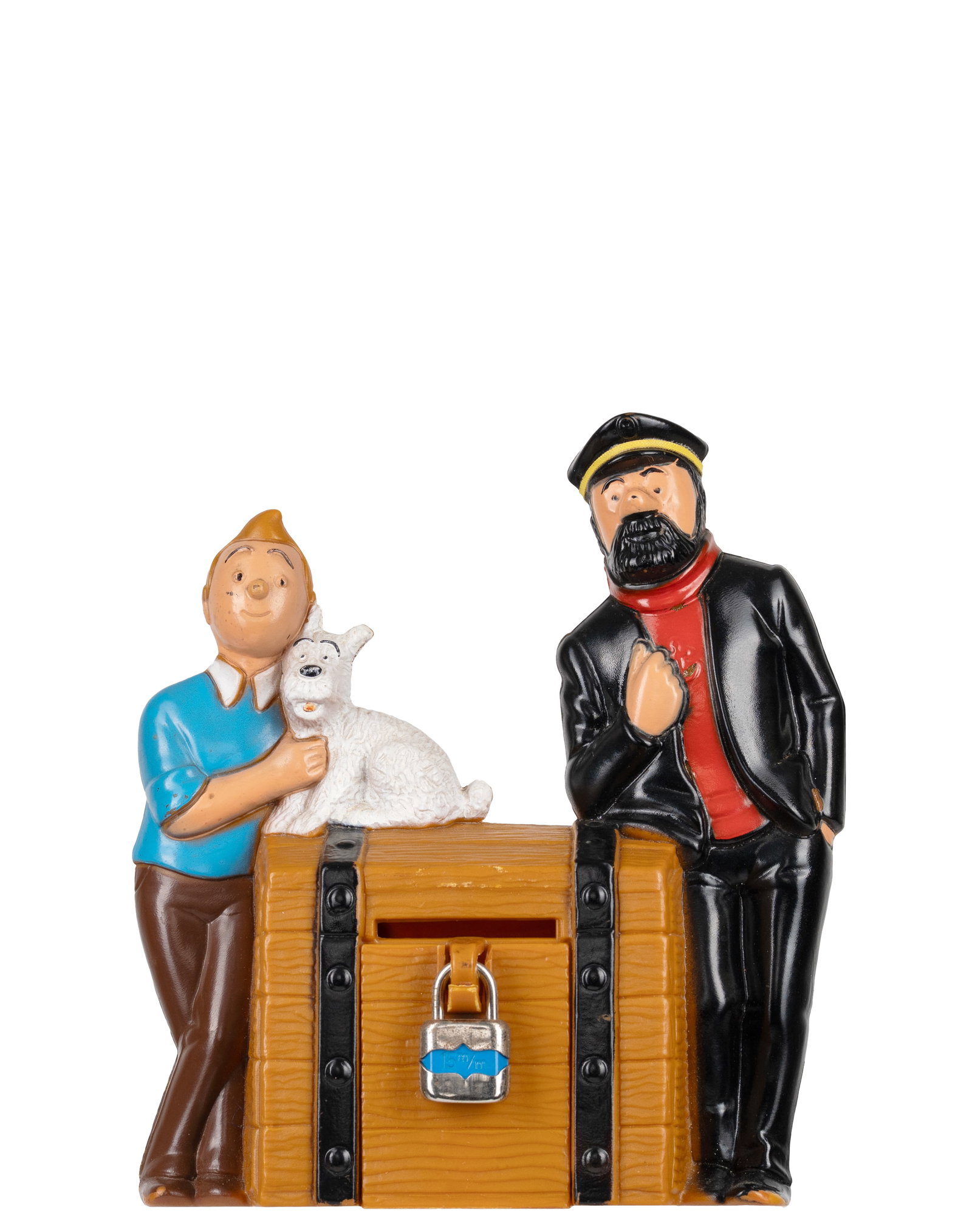 Advertising piggy bank Tintin, Snowy, Haddock - 1975: Danemark / denmark Tirelire publicitaire Tintin, Milou, Haddock (1975) Éditions du Lombard pour la banque Sparekassen SDS, circa 1975. tirelire en plastique représentant Tintin, Milou et le