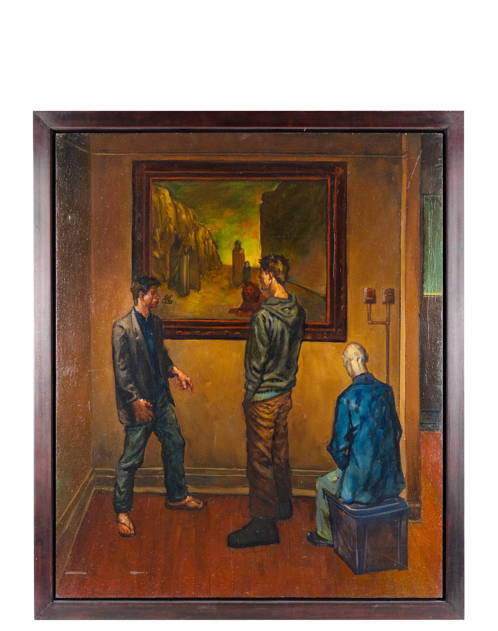 Yann Leroux - Pantin, Francis et Yann devant un tableau: Yann Leroux (XX-XXIe) Pantin, Francis et Yann devant un tableau Huile sur panneau signée Dimension: 37,8 x 31,89 po 96 x 81 cm ------------- Yann Leroux (XX-XXIe) Pantin, Francis et Yann devant