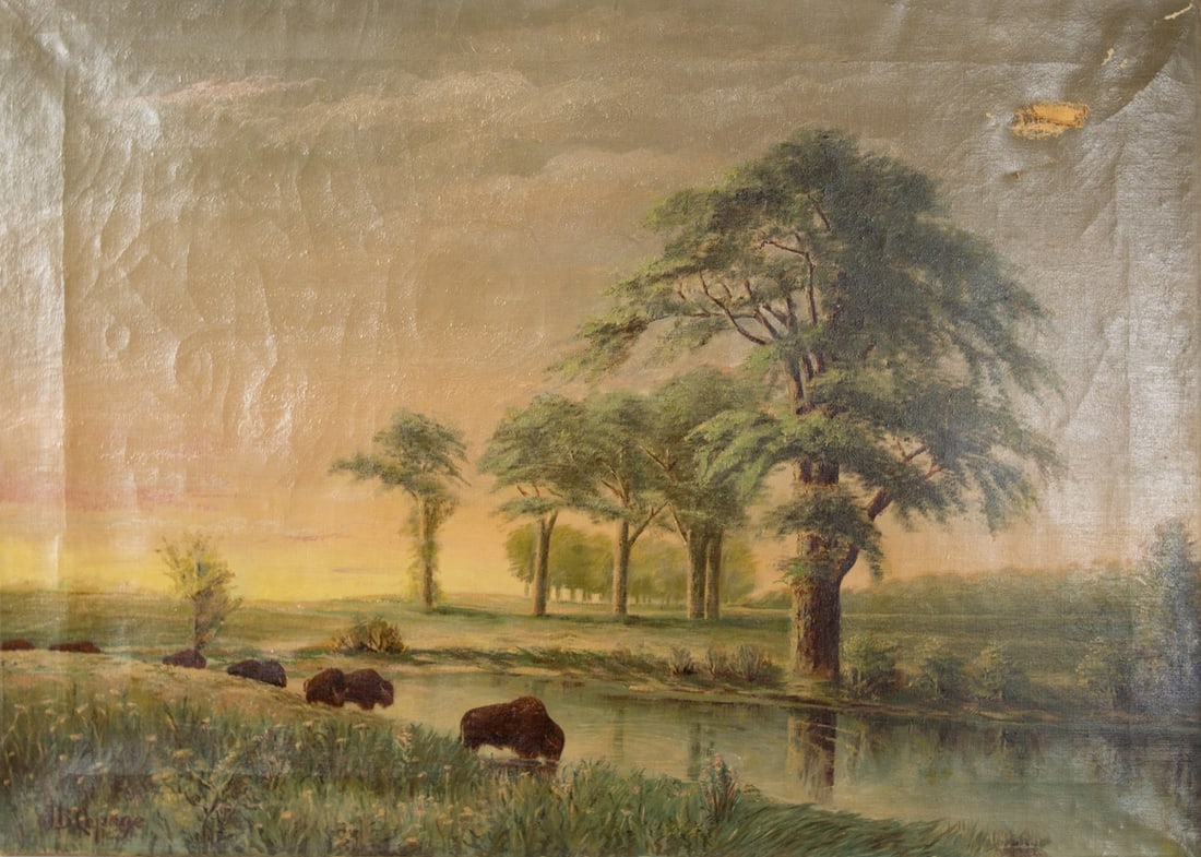 à la manière de Lepage, Jules Bastien - Landscape with bison drinking: à la manière de Lepage, Jules Bastien (1848-1884) France / France Paysage aux bisons s'abrevant Huile sur toile signée en bas à gauche LB Lepage Dimension: 21.25" x 35" 54 x 89 cm