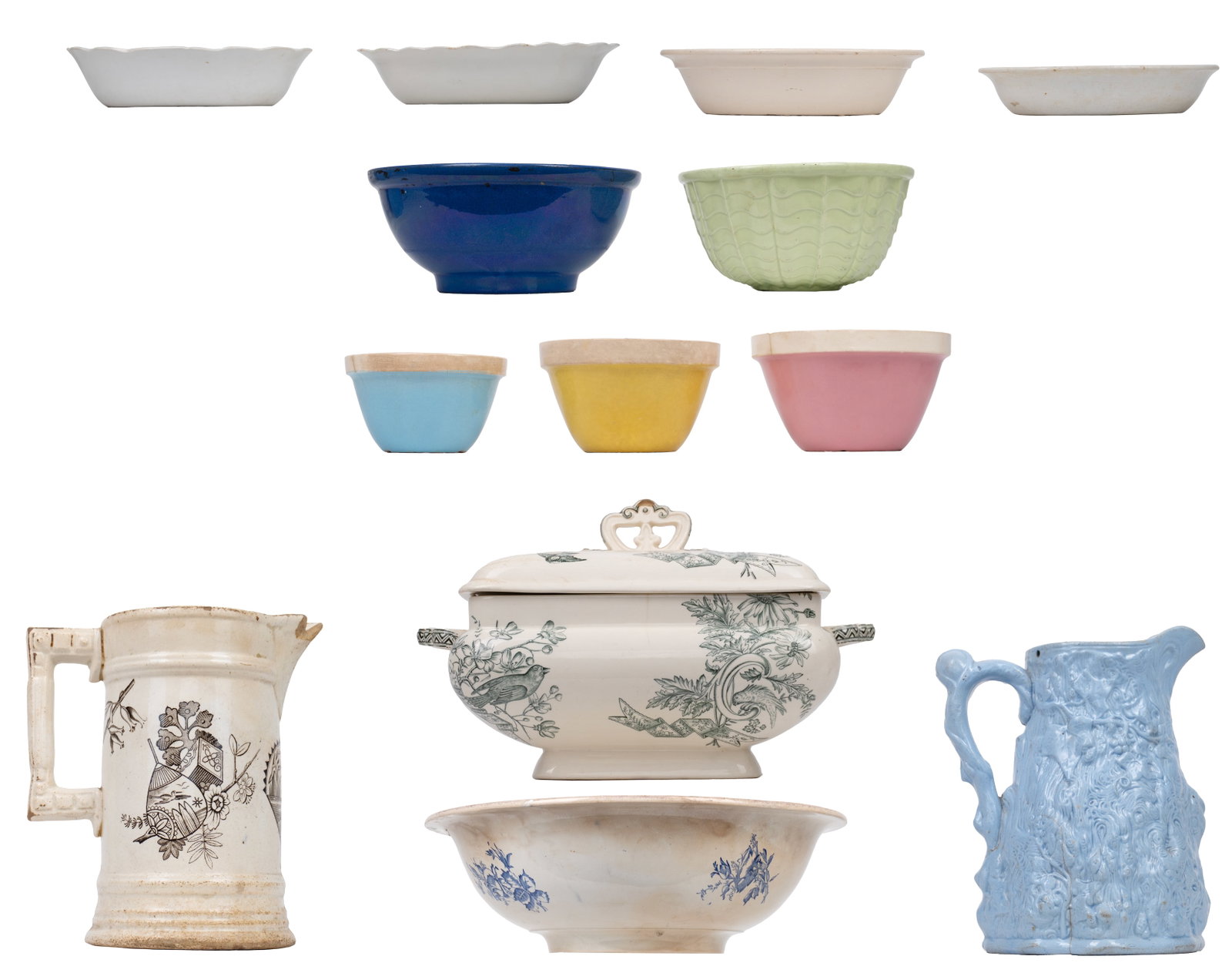 Lot of old earthenware - XIXe- début XXe: États-Unis, Angleterre, Canada\ USA, England Lot de faience ancienne (XIXe- début XXe) Principalement d'origine anglaise Rapport de condition: Plusieurs des pièces endommagées